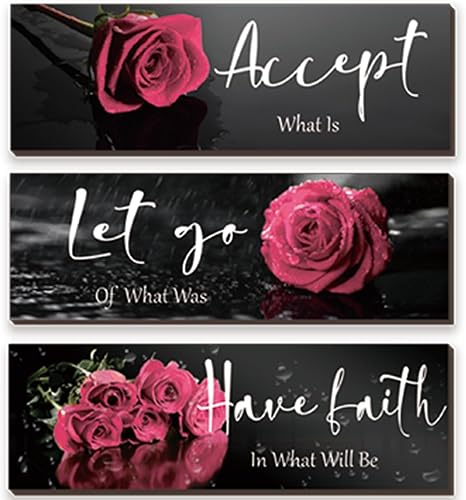 3 piezas de decoración de pared de rosas rosas para baño, arte de pared de madera inspiradora con frases positivas Aceptar, dejar ir, tener fe para