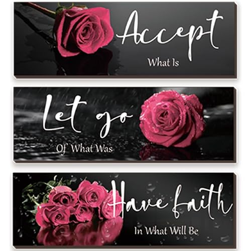 3 Pcs Pink Rose Bathroom Wall Decor Inspirational Wooden Wall Art Flower with Accept Let Go Have Faith Positive Quotes for Girl Women Bathroom Bedroom Living Room Office (Pink Rose 12 X 4 Inch)