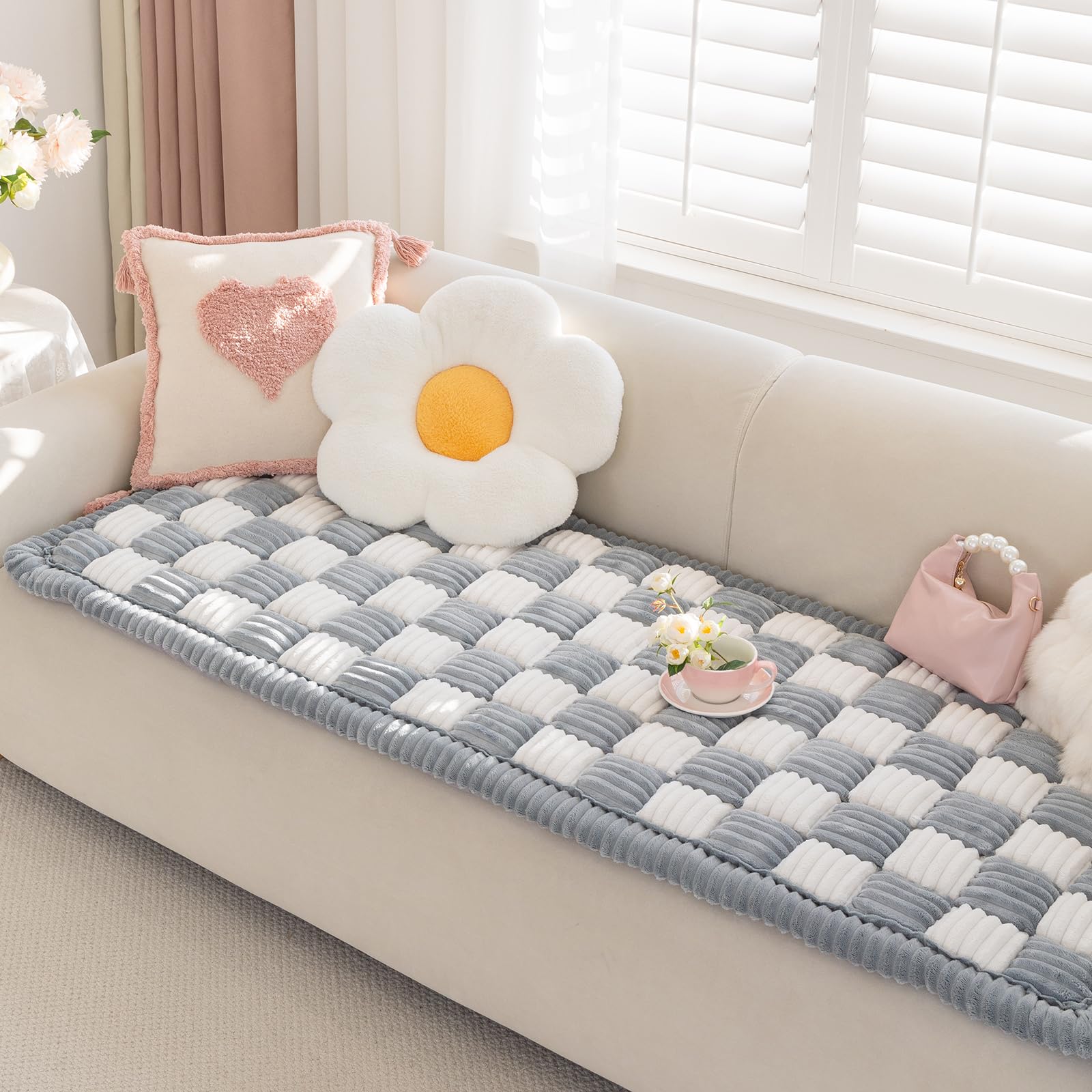 Sofaüberwurf rutschfest waschbar, Flanell Couchauflage extra dick mit Anti-Rutsch-Unterseite, Sofaschoner für 2/3/4-Sitzer & Haustiere, Karo (grau, 70x210cm)