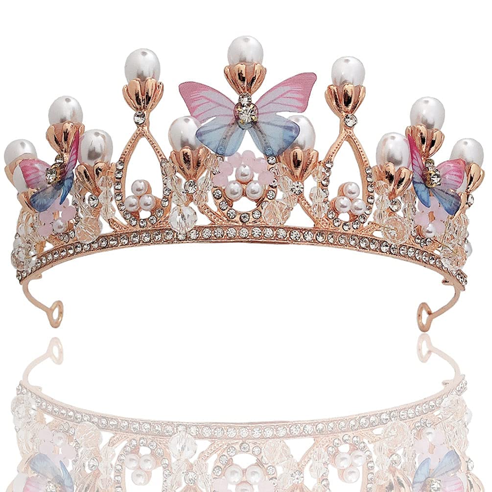 Voarge Tiara de cristal para niñas, corona de princesa, diadema de flores, mariposa y perlas, corona de reina para boda, novia, dama de honor, baile de graduación, tocado real