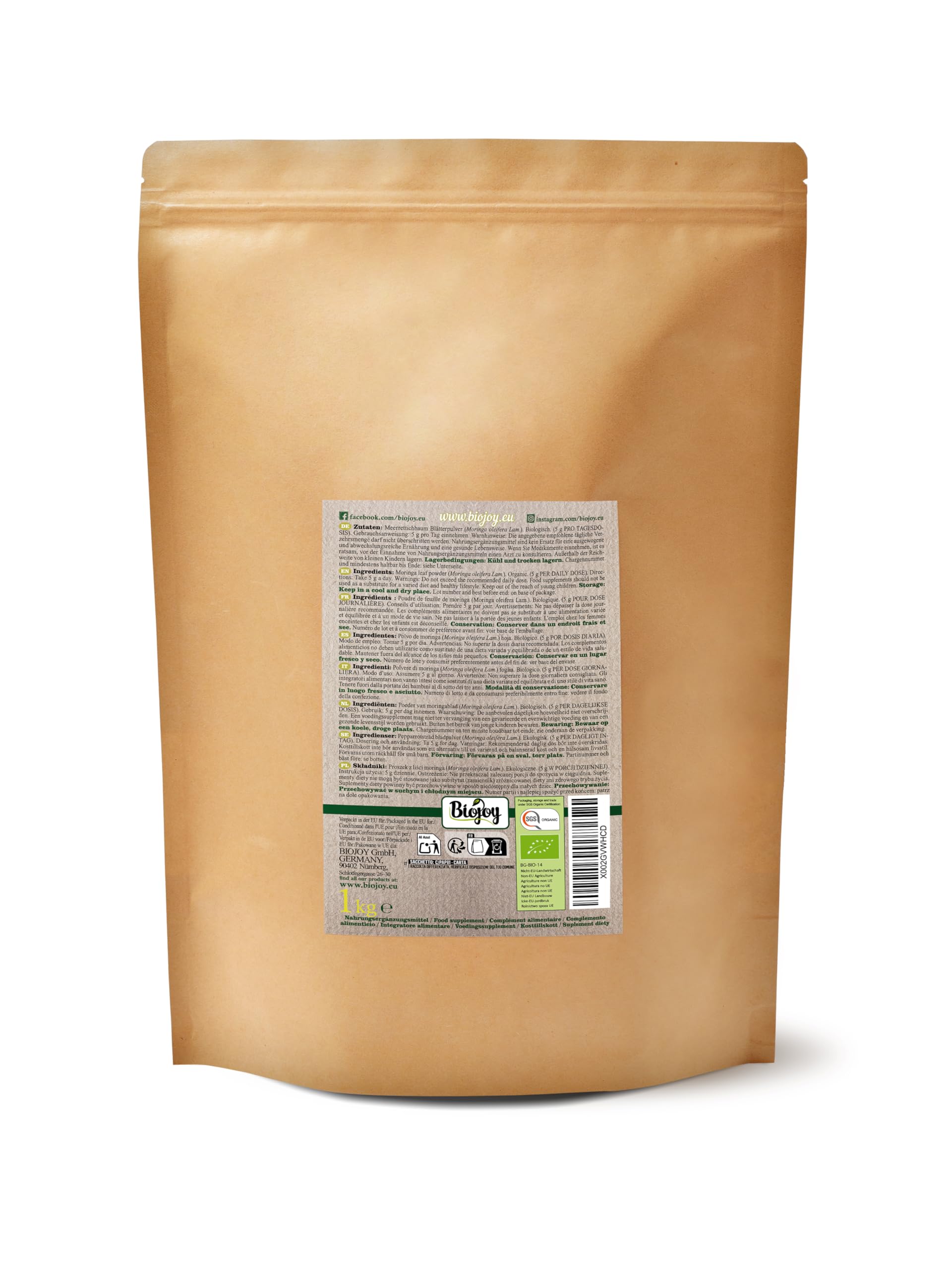 Biojoy Moringa en Polvo Ecológica (1 kg), hojas molidas para té o batidos (Moringa oleifera Lam.)