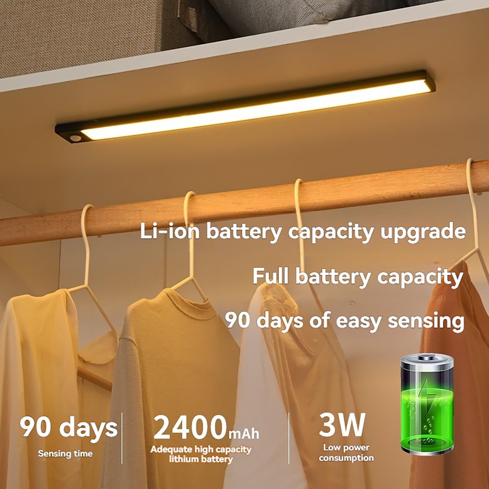 Tira De Luz LED con Sensor De Movimiento Ultrafino: Luz Recargable For Armario con 3 Temperaturas De Color (3000 K/4000 K/6000 K), Encendido Y Apagado Automático(80cm)