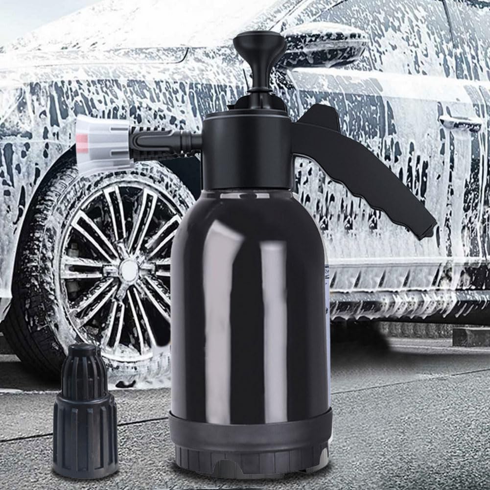 PINKE Snow Foam Pump Sprayer 2L Car Foam Sprayer Hand Pump Foam Sprayer Cannon Pressure Atomizer Pump Sprayer with 2 Types of Nozzle Pneumatic Foam Air Pressure Washer for Car Washing (Black)