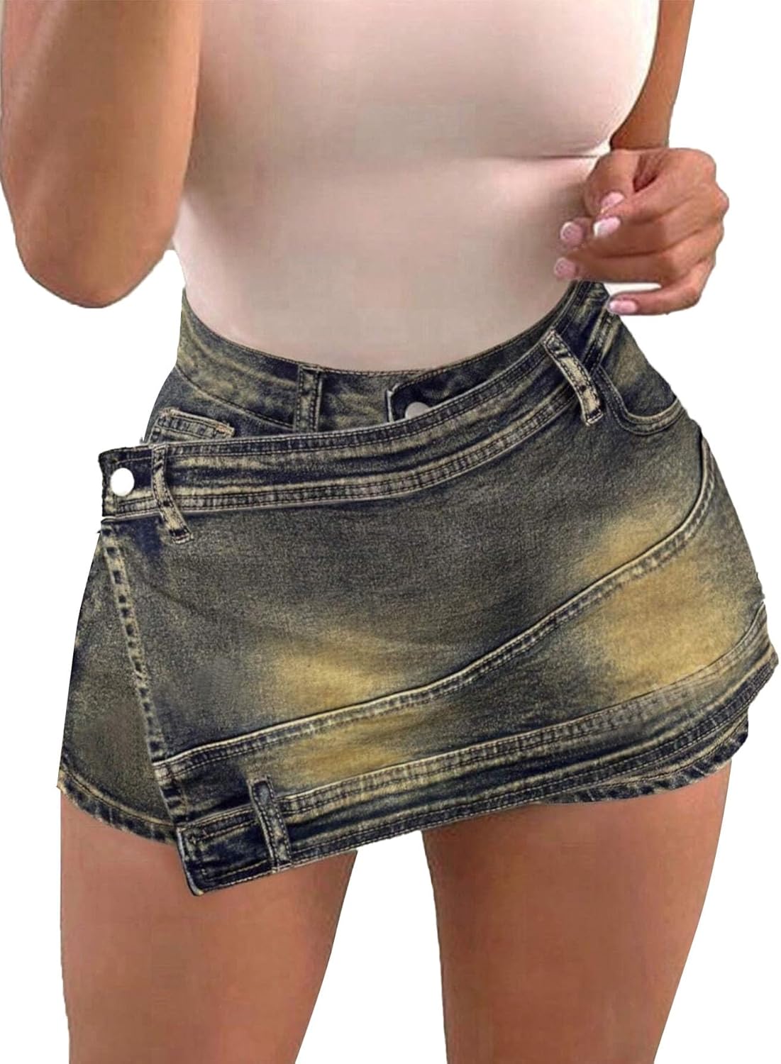 Avanova Women Denim Mini Skirt Jean Skort Sexy High Waisted Asymmetrical Stretch Short Skirts