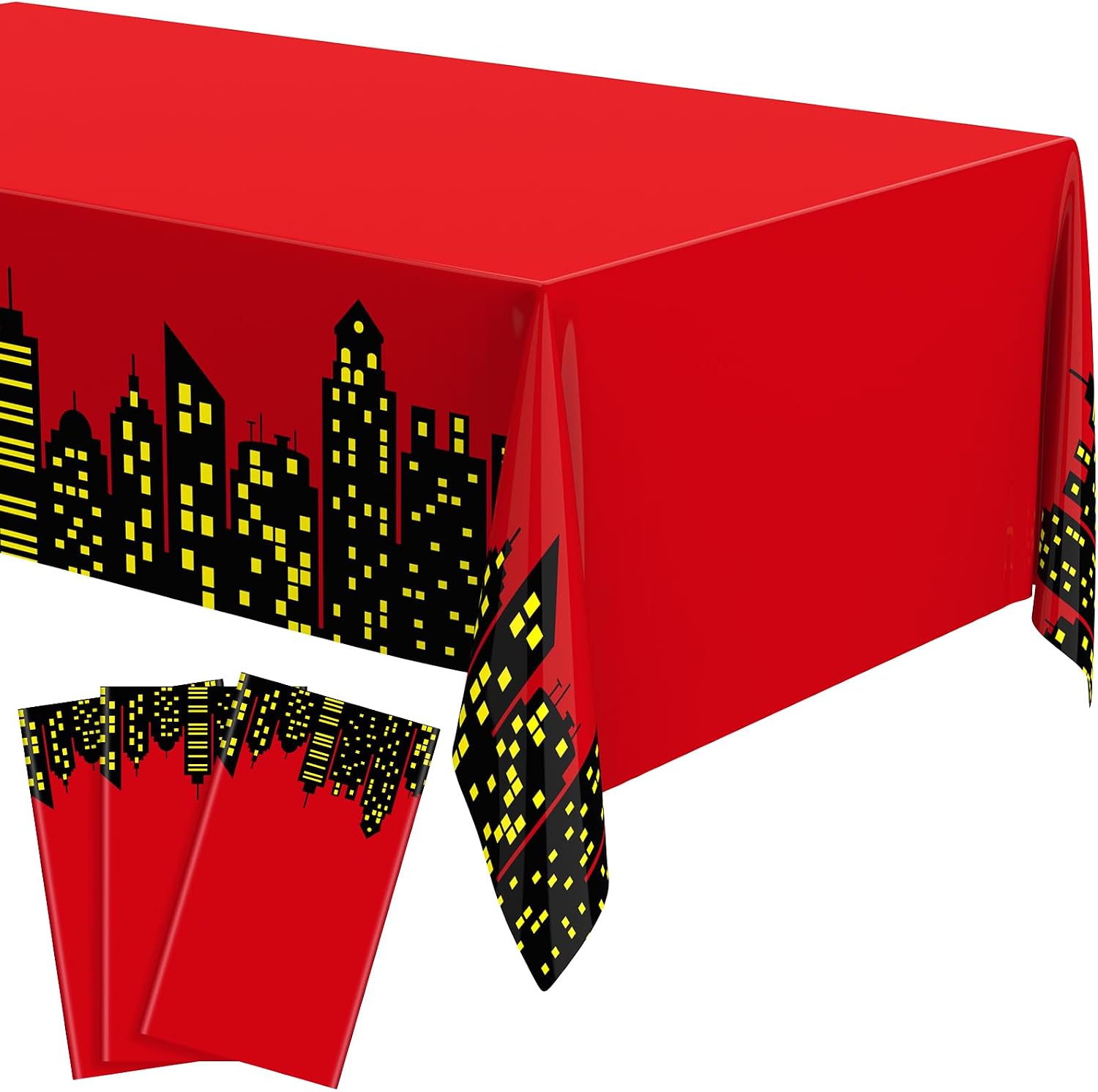 Oudain 3 Pcs 54 x 108 Inch Birthday Party Tablecloth, Plastic Disposable Cityscape Table Cover Large Rectangular Tablecloths for Birthday Party Decorations Supplies(Red)