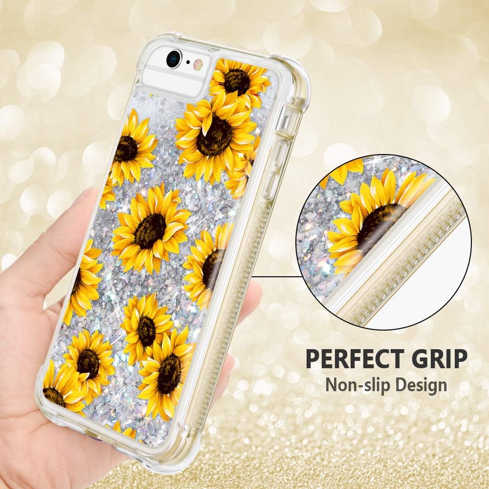 Caka iPhone 7 Glitter Case, iPhone 8 Sunflower Full Body Case with Screen Protector for Women Girls Girly Floral Flower Design Bling Sparkle Liquid Protective Case for iPhone 7 8 6 6s (Sunflower)