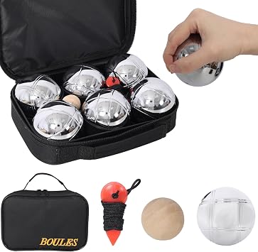 Boules Game Set with Carrying Case, 6 Metal Balls, Wooden Jack & Measuring Tool, Outdoor Lawn, Beach & Backyard Family Party Game for Adults