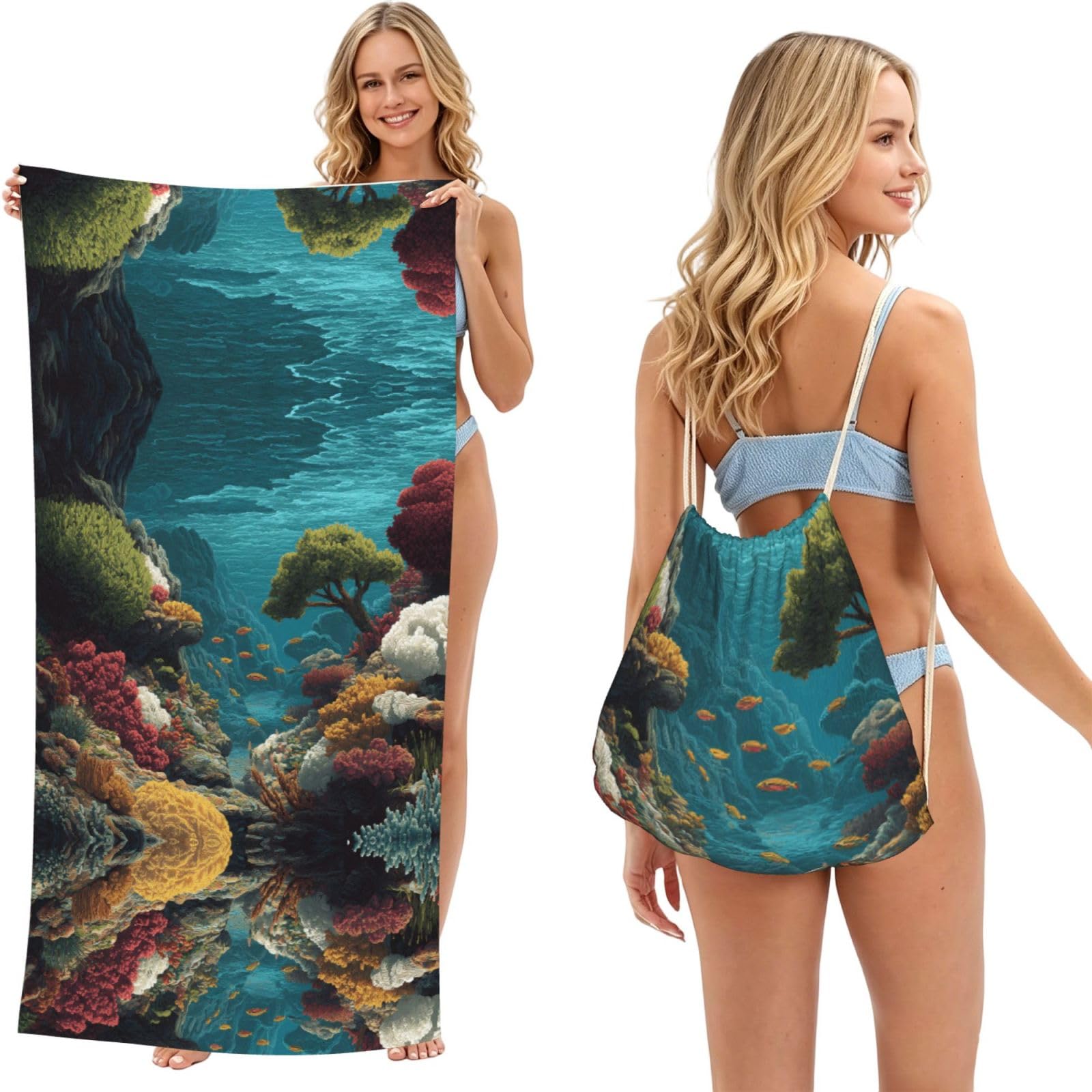 ESNAIUVCD Reef Print Beach Towel For Adults,Towel With Drawstring Bag, Travel Pool Swimming Sports Shower Sand Free Quick Dry Bath Towel For Pool, Beach, Yoga- 180x60cm