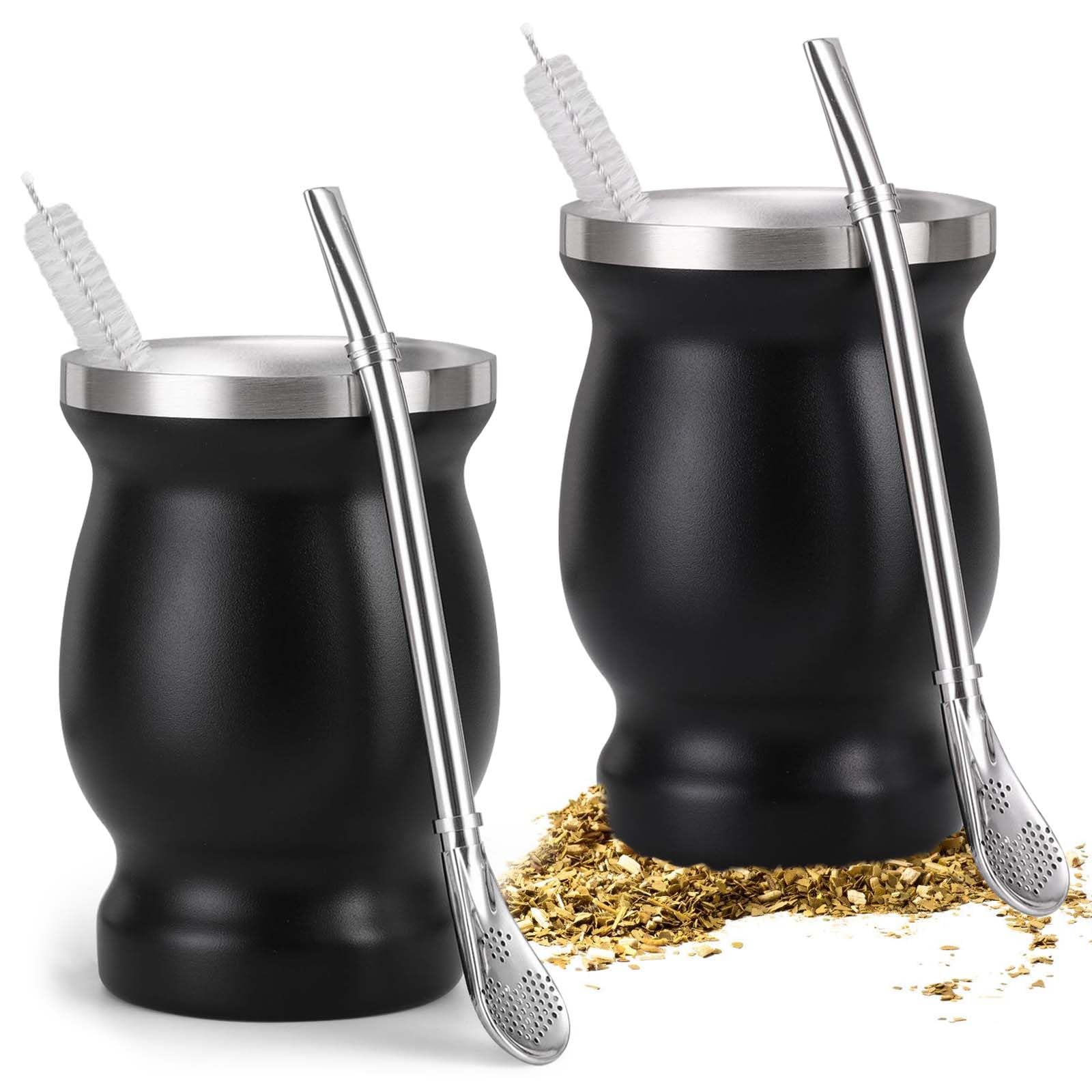 Juego de 2 tazas de té mate con cuchara y cepillo de limpieza, acero inoxidable, juego de tazas de té Yerba Mate Safe and Durable para cocina, cafetería, restaurante (negro)