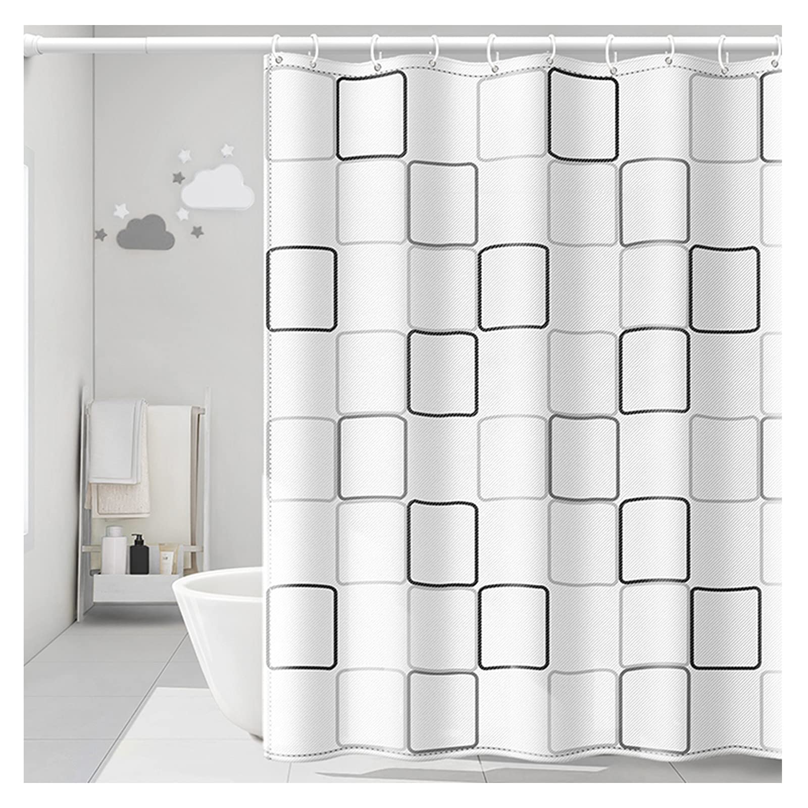 Rideau de douche blanc fini les sols mouillés avec les carreaux