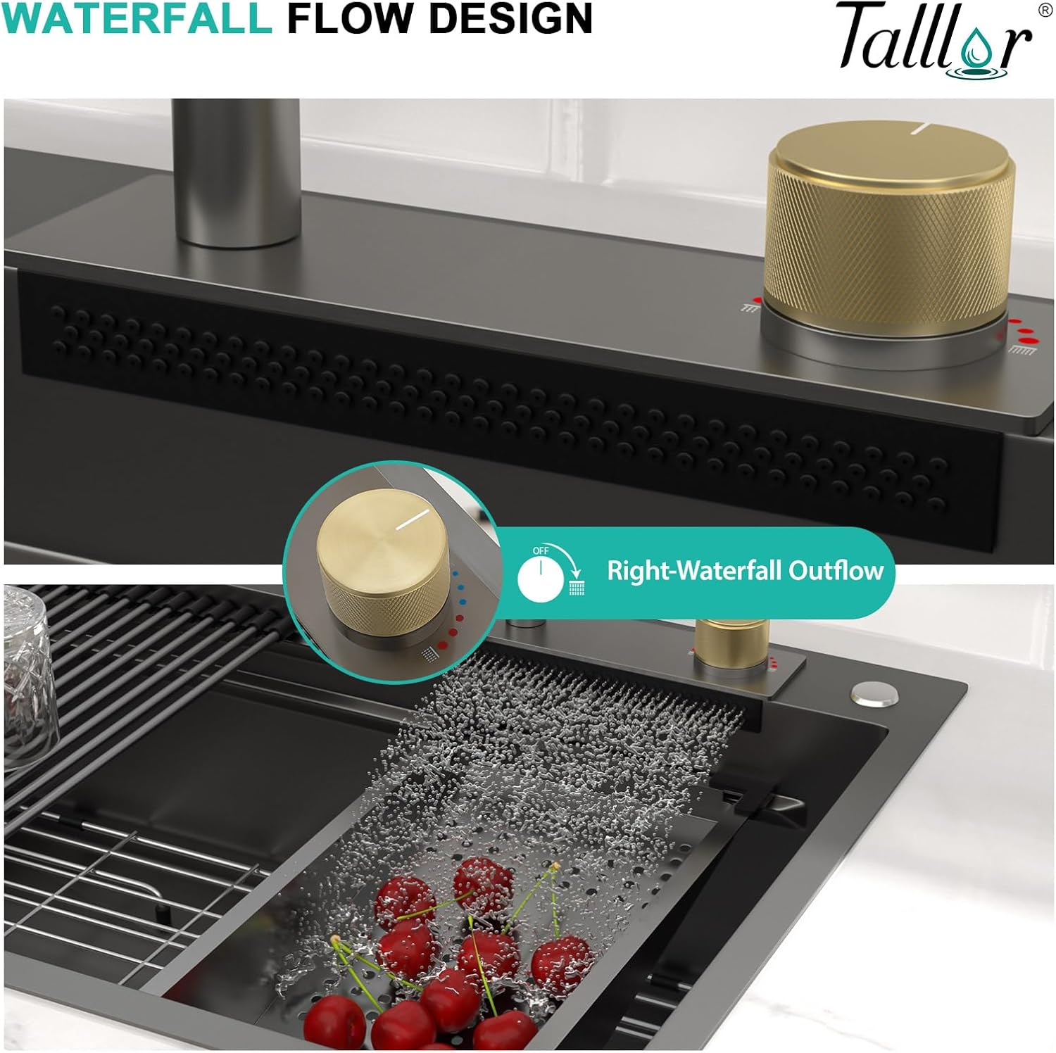 33x22 Gunmetal Black Drop In Kitchen Sink with Faucet, Waterfall Feature & Cup Washer, 16 Gauge 304 Stainless Steel, Workstation Accessories 3-Hole Sink for Residential Kitchen #TLWF-0028