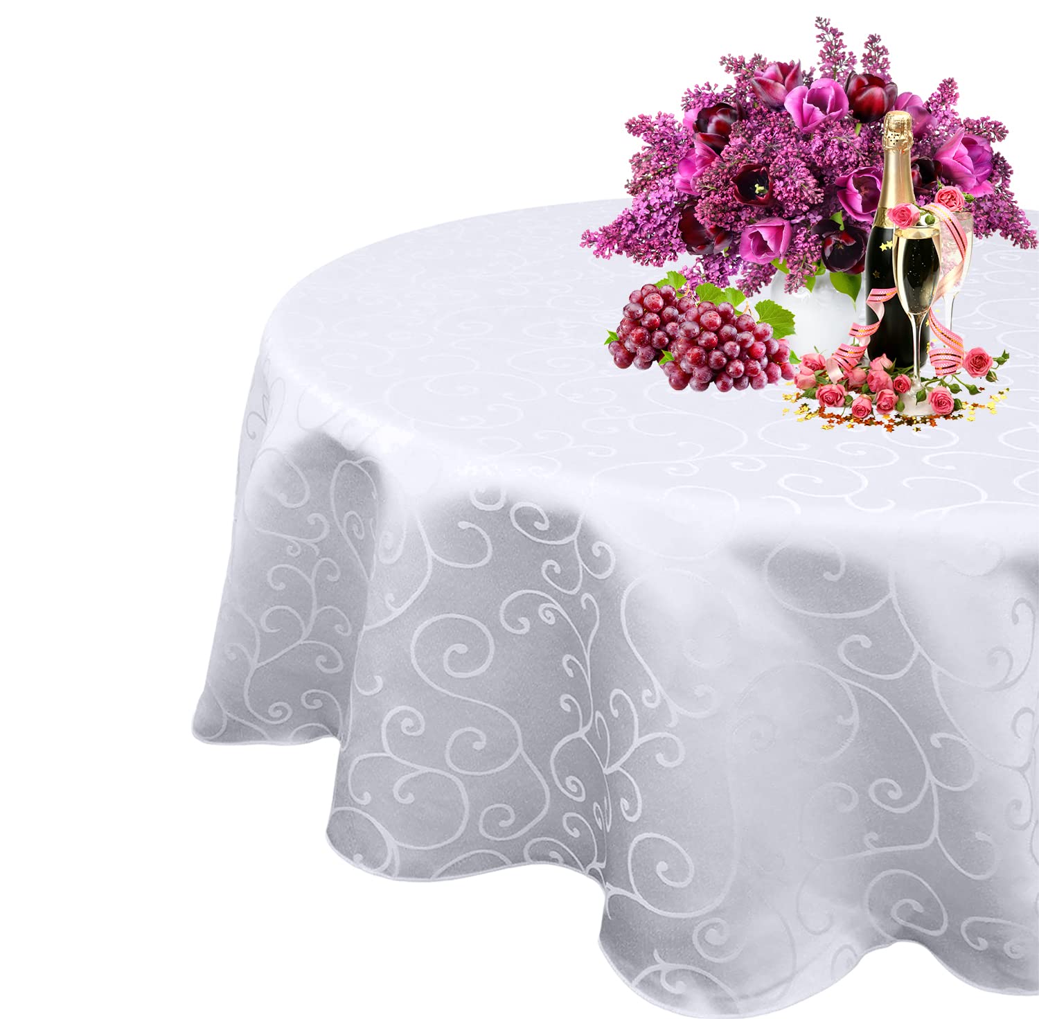 WedDecor 1pc Round Damask Tablecloth with an Overlay Branch Swirl Pattern, Seamless Polyester Linen Table Cover, Party, Tablecloth for Restaurant, Dining, 90 Inch, White