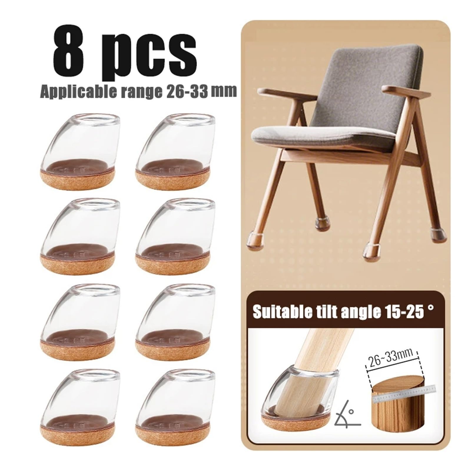 Protector Patas Sillas Cubierta for Base de Silla Diagonal, 4/8 Uds., con Fieltro, Suelo Antideslizante y Resistente al Desgaste, Paquete de protección Resistente a los arañazos(L 26-33mm,8pcs)