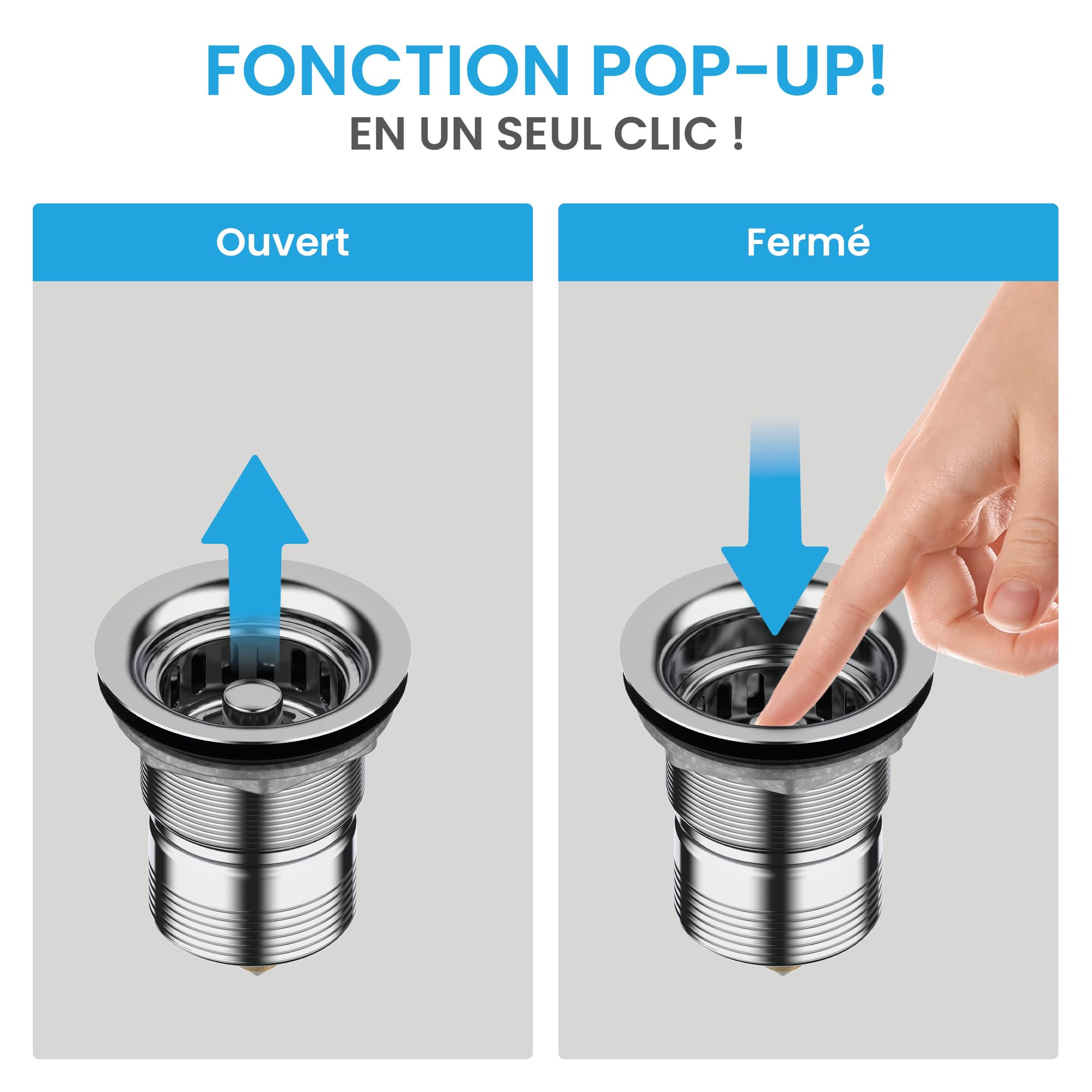 Bächlein Bonde de vidange Pop Up sans trop-Plein pour l'évier [Ø 70 mm], Pop Up pour la Cuisine, vidage d'évier en Acier Inoxydable Poli, bonde de trop-Plein, Valve de vidange, Bouchon de vidange