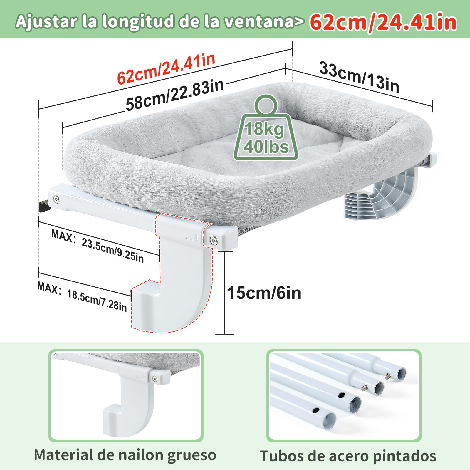GUUSII HOME Hamaca Cama Gato Ventana para Gatos Camita Amaca Colgante Interior Gatito Grande Ajustable Sin Taladros ni Ventosas Fácil de Montar y Mover Soporta hasta 18kg(Gris,M)