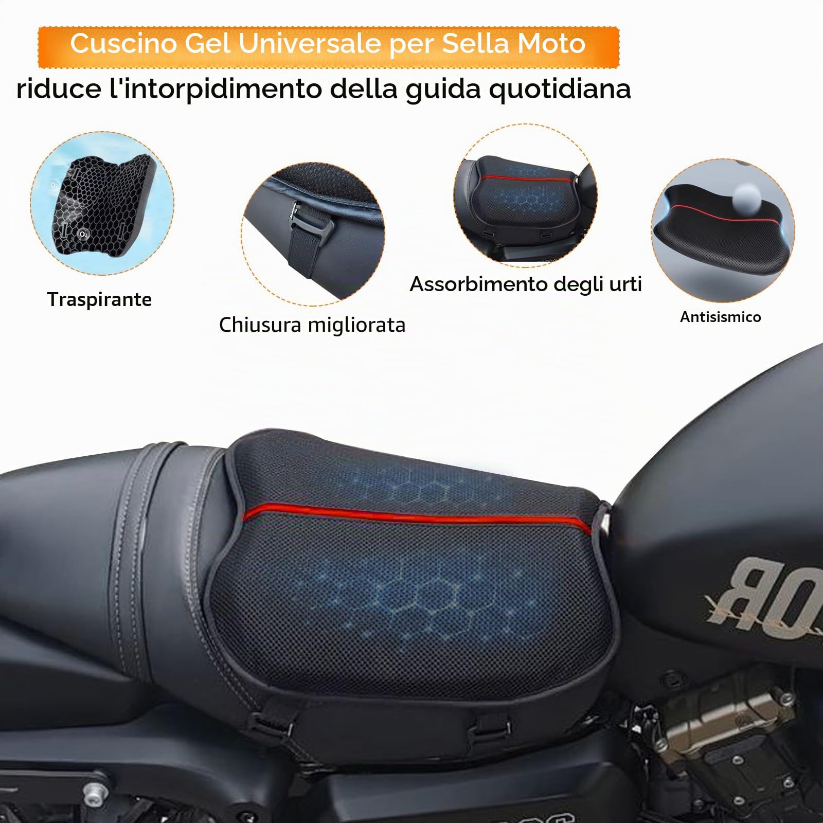 Cuscino per Sedile Moto Cuscino Sella Moto Cuscino per Sedile in Gel Telaio a Nido D'ape con Cuscinetto Parasole, Traspirante, per Lunghi Viaggi, Impermeabile, Protezione Solare
