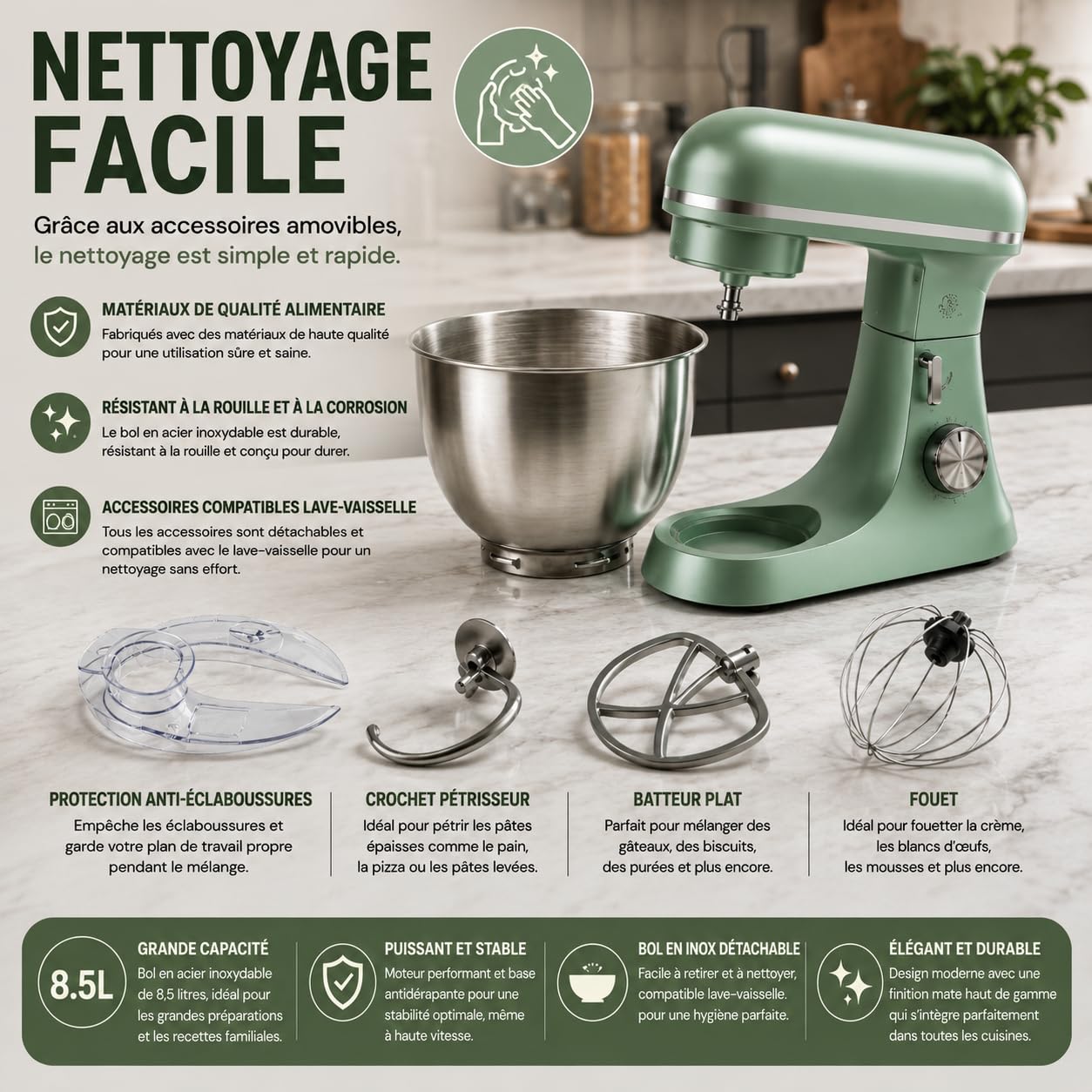 Royal Swiss Professional Pastry Processor - 2000W 8.5L Mint Green - Professional Planetary Kitchen Processor - Large Capacity Electric Kneader with 304 Stainless Steel Bowl - 6 Speeds - Hook, Whisk & Beater