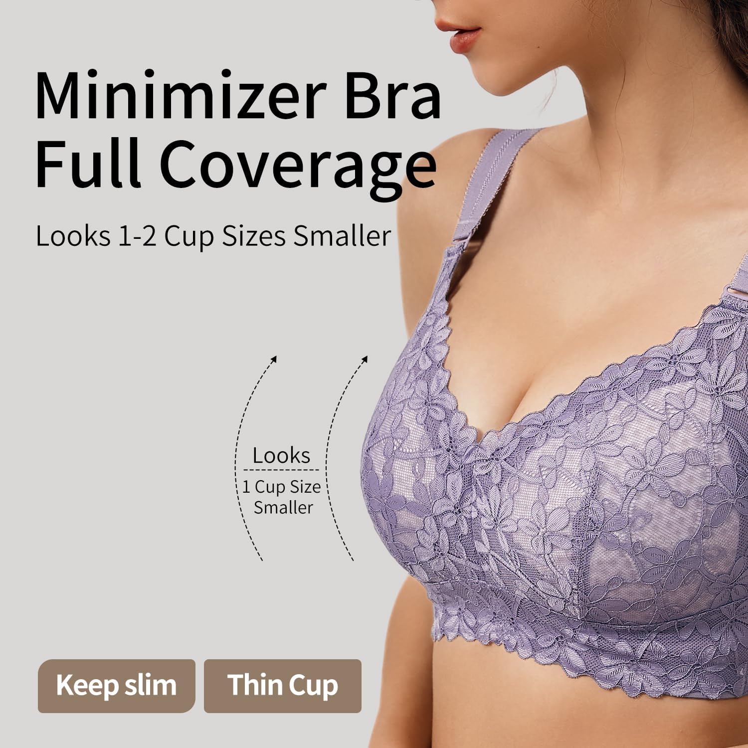 V Neck with Lace Honeycomb Minimizer Bras Full Coverage No Underwire Thin Padded Soft Comfy T-Shirt Women Bras