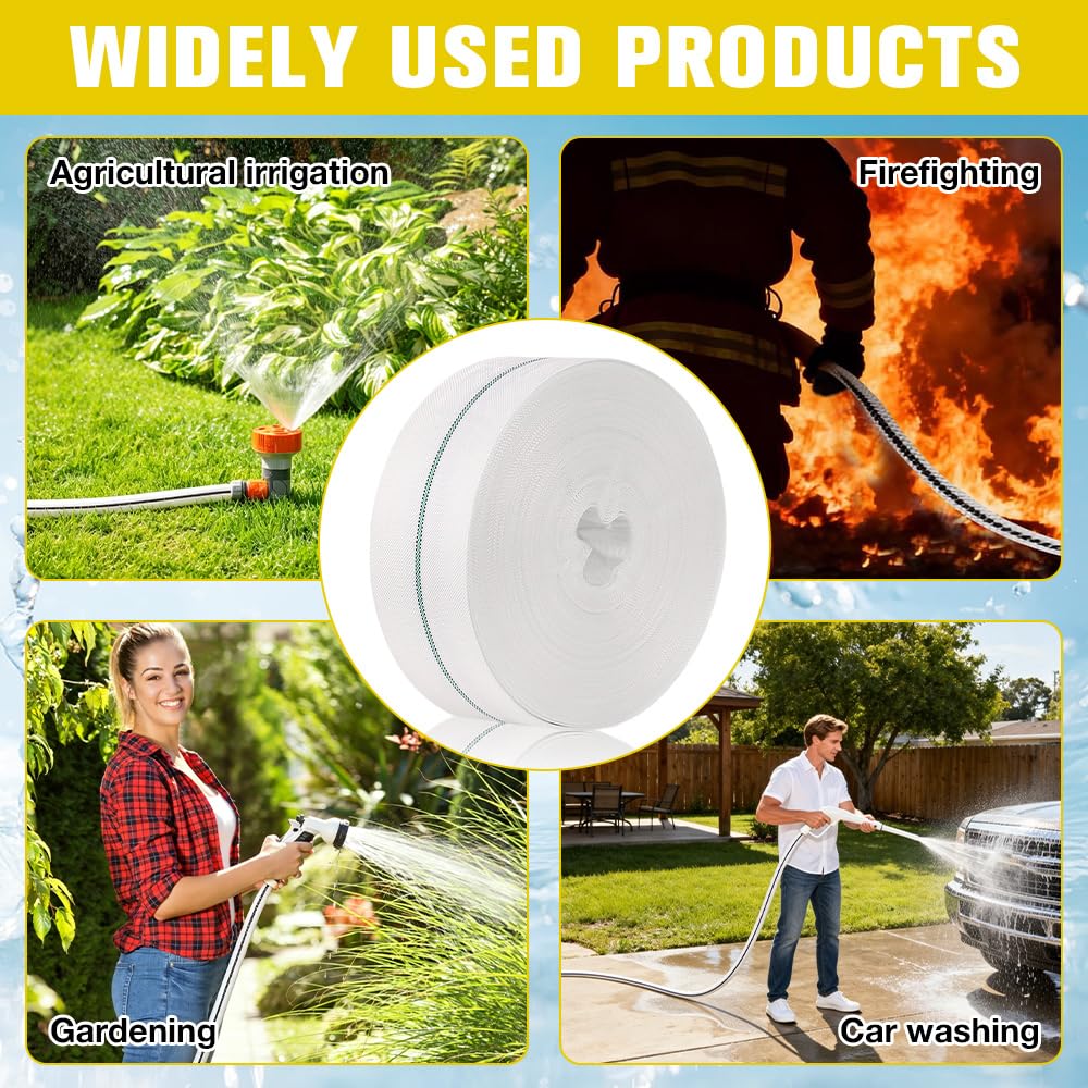 20 M Tuyau Refoulement Plat 25 MM Tuyau Plat Flexible En Tissu Tuyau D'Incendie Avec 4 Colliers De Serrage Tuyaux De Vidange Pour Pompe Submersible Et Pompe À Eau Sale