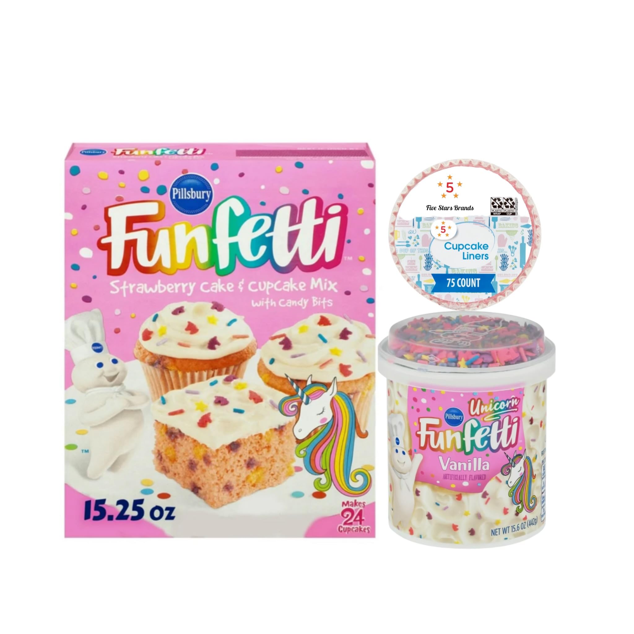 Pillsbury Funfetti Unicorn Strawberry Cake & Cupcake Mix 15.25 Ounce and Pillsbury Funfetti Unicorn Vanilla Frosting 15.6 Ounce - Bundle with 1 Bonus Pack of Five Stars Brands Cupcake Liners, Pink, 75 Count (Strawberry, Vanilla, Funfetti)