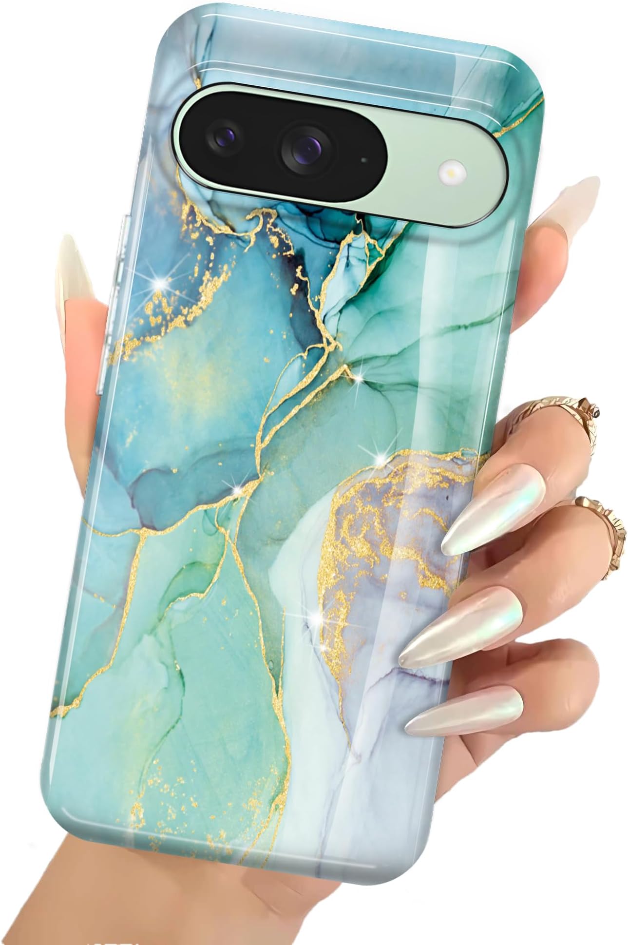 for Google Pixel 9 Pro/Pixel 9 Case, Marble Glitter Brilliant Cute Design Silicone Bumper Cover - Abstract Mint