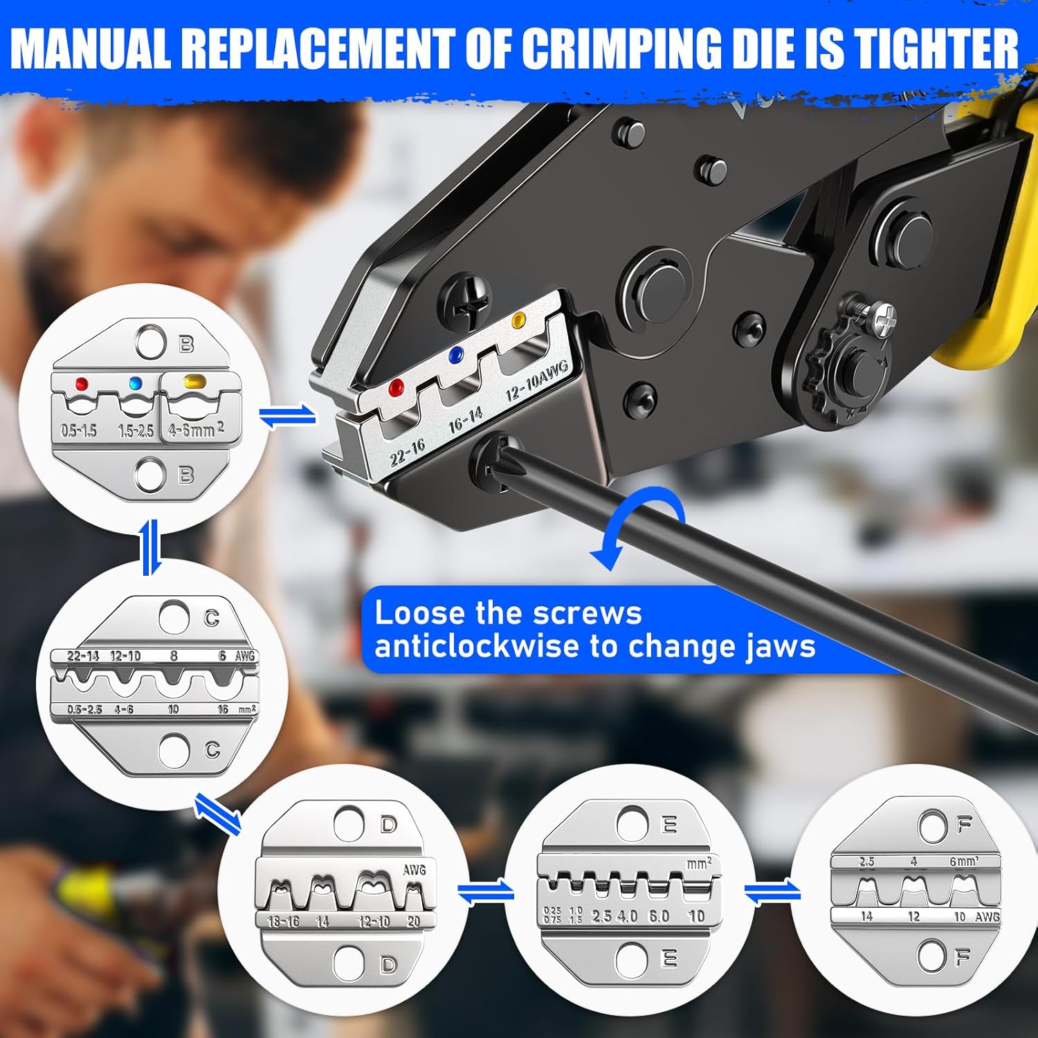 Crimping Tool Set 8PCS - Ratchet Wire Crimping Tool for Heat Shrink,Insulated Nylon,Non-Insulated,wire ferrules,Open Barrel Terminals,Solar Connectors - Crimper with 6 Interchangeable Die