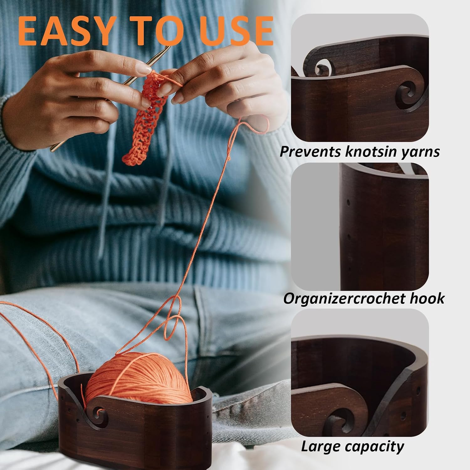 JasCherry 11.22x6.1x4.72 Inches Dual-Sided Walnut Yarn Bowl, Reversible Knitting Bowl for Crochet, Wood Bowl/Holder for Knitting & Crocheting Lovers, Gift Ideas for Christmas and Mother's Day