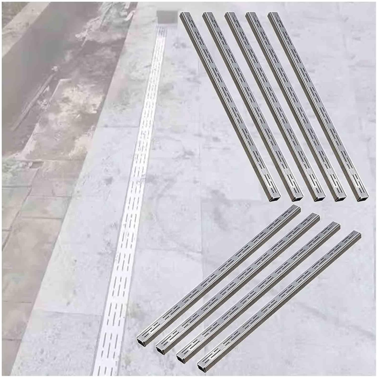 Wąska rynna odpływowa, wąska rynna na podwórko, taras i podjazd, zestaw 9 rynien z kratką, wymiary: od 3,5 cm do 20 cm, srebrny, 15 x 5 cm