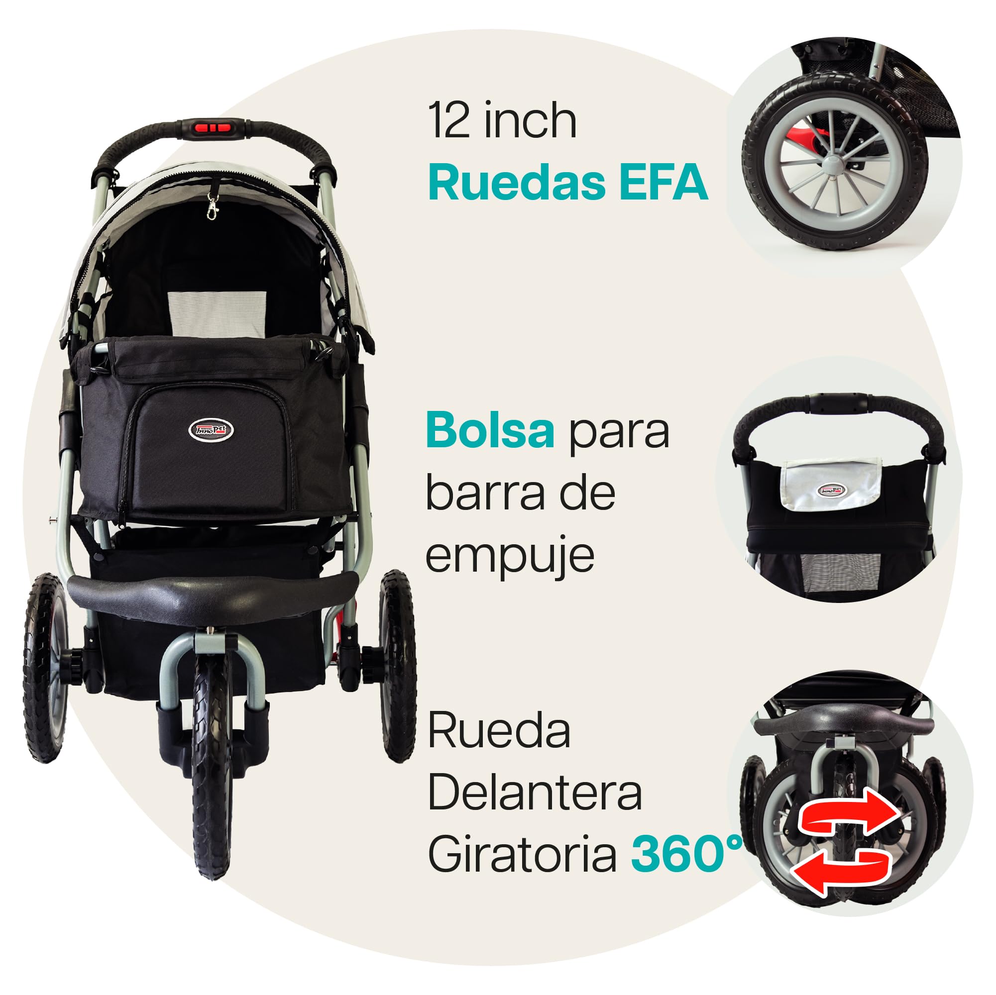 Innopet Carrito para perros Comfort EFA Eco negro/plata - Cochecito plegable para perros y gatos, ruedas EVA antipinchazos, hasta 25kg, 2 correas y cesta inferior