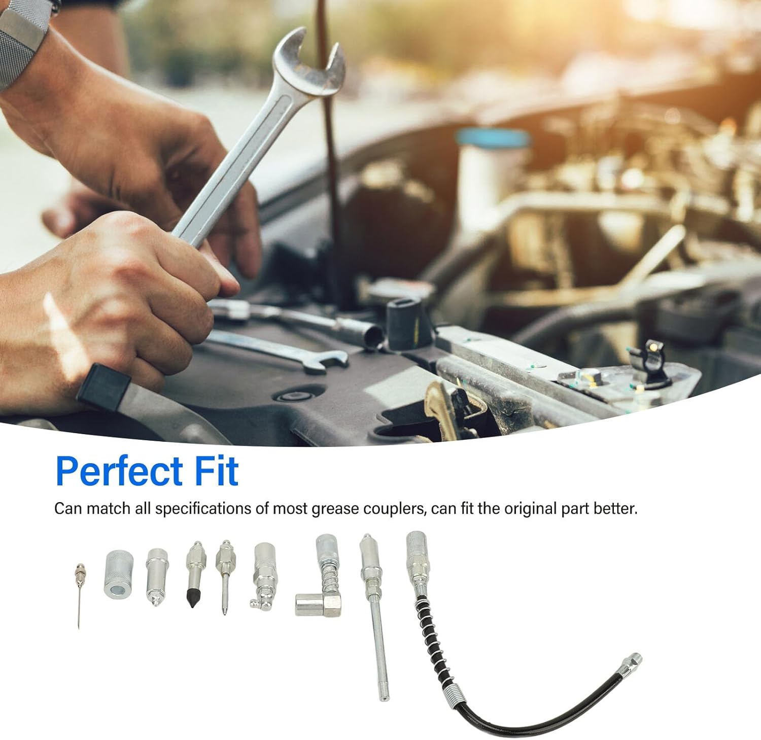 9Pcs Grease Coupler Kit, Quick Connect Greasing Accessory Kit with Grease Gun Tips, Grease Gun Lubrication Accessory Kit for Car Truck Marine Garage