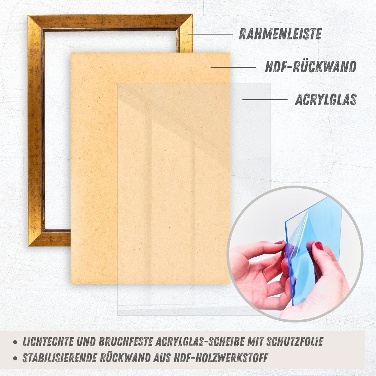 N°69 Barock Bilderrahmen 20x20 cm Bildmaß, Gold, Massivholz | breite Echtholz-Profilleiste, Acrylglas glasklar & bruchsicher, Vintage-Stil, HDF-Rückwand, Metallaufhänger, handgefertigt