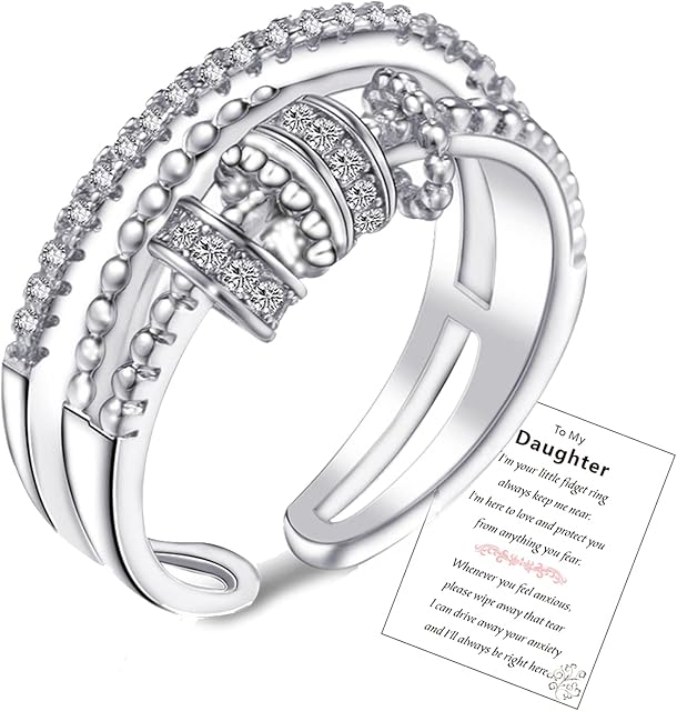 To My Daughter Sterling Silver Fidget Ring 925 Adjustable Anxiety Ring For Women Girls Fidget Spinner Rings Retro Anxiety Thumb Rings For Stress Relief With Inspirational Cards Jewellery Gifts