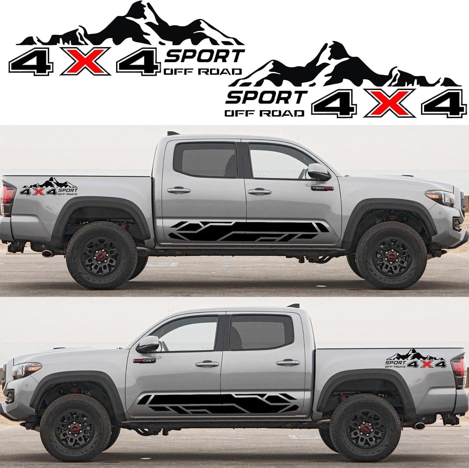 4X4 Off Road Sport with Mountain Pattern Decal Stickers 2Pcs, Vehicle Decor Accessories Compatible with Tacoma Tundra F150 RAM Wrangler Truck Pickup Bed Side, with Squeegee 1Pcs, Black and Red