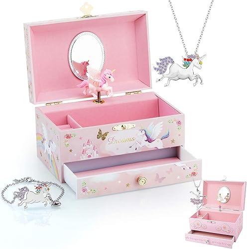 RR ROUND RICH DESIGN Joyero musical para niñas con temática de bailarina y unicornio misterioso