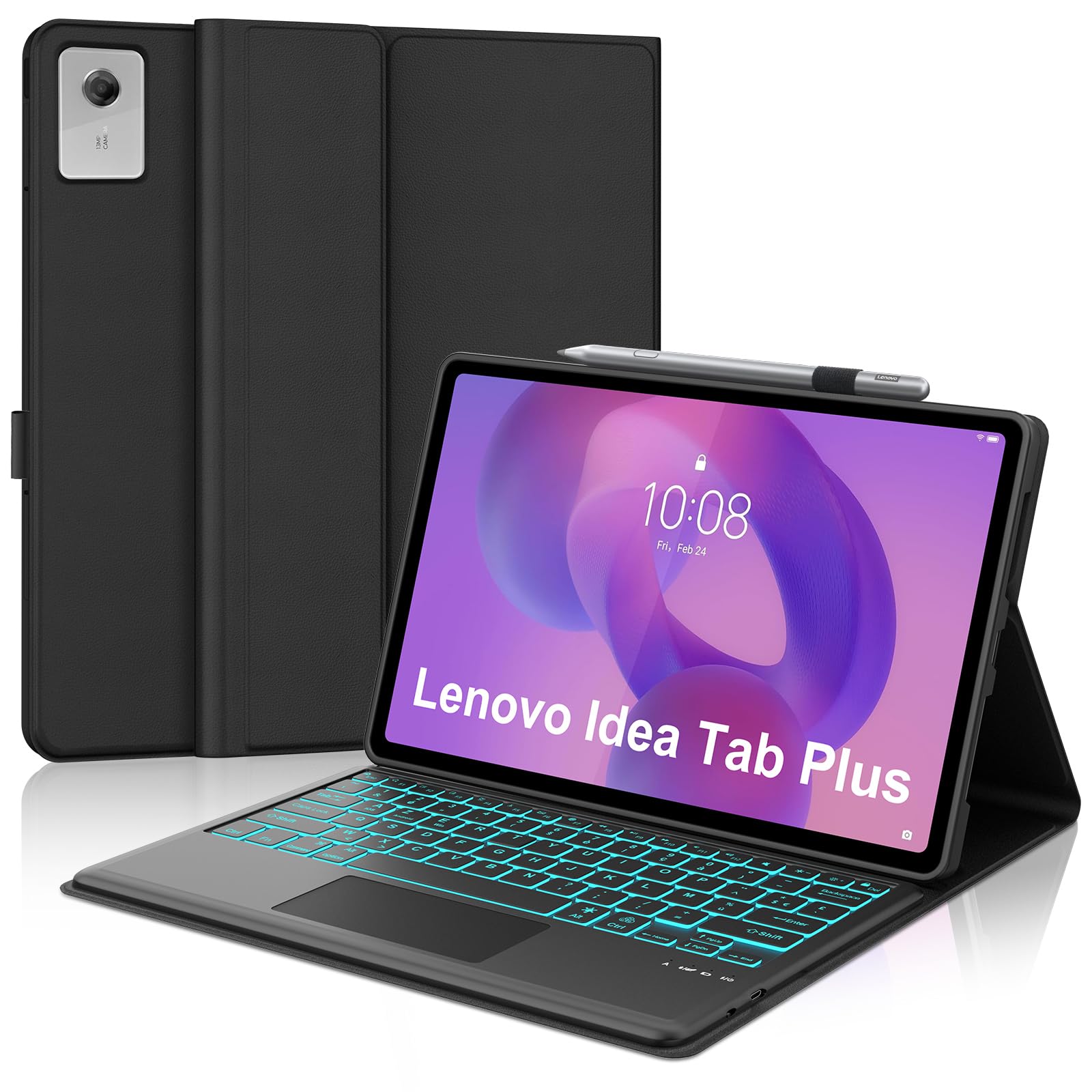 Coque Clavier pour Lenovo Idea Tab Plus 12.1 Pouces avec Pavé Tactile, AZERTY Français Housse Clavier Bluetooth Détachable 7 Couleurs Rétroéclairées pour Tablette Lenovo Idea Tab Plus 12.1" 2025, Noir