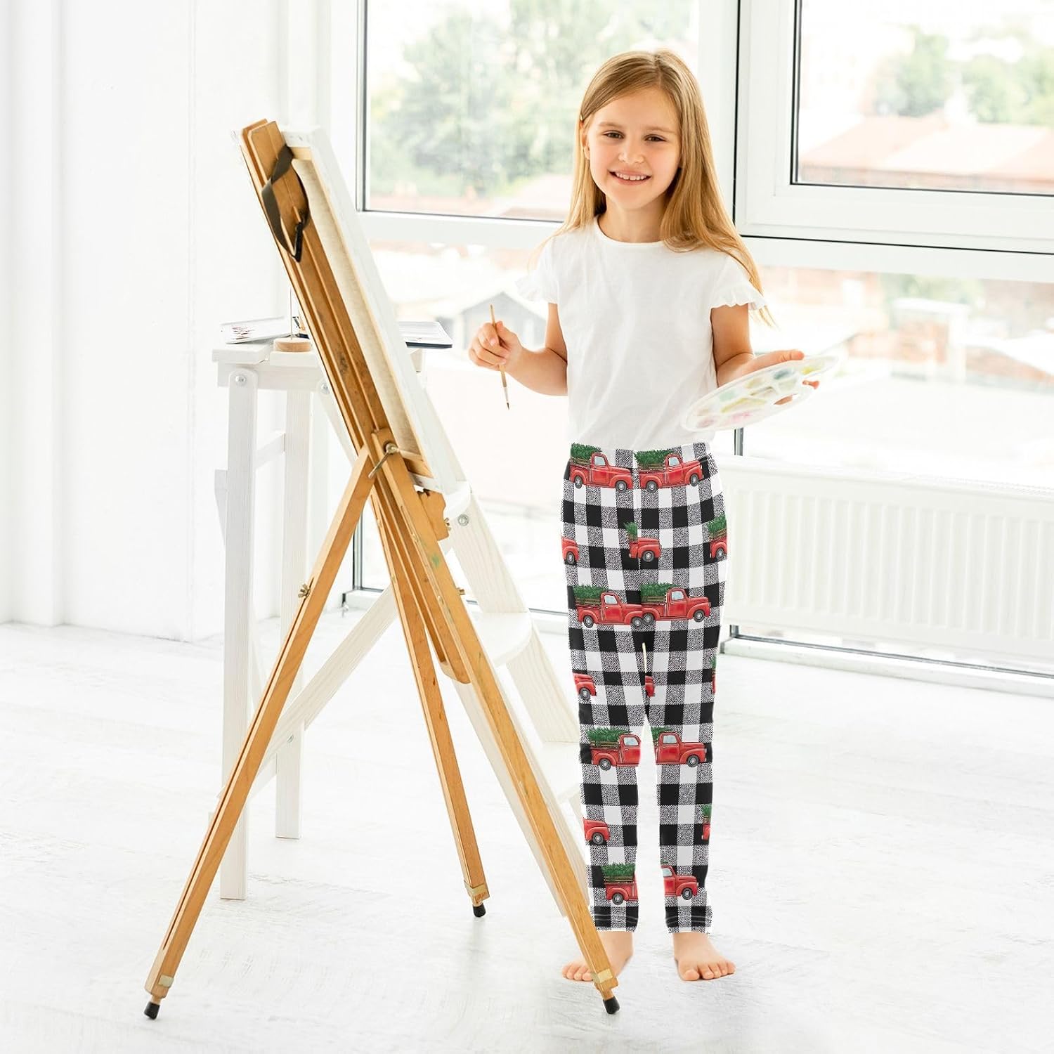 Printed Girls Leggings Vintage Trucks Plaid