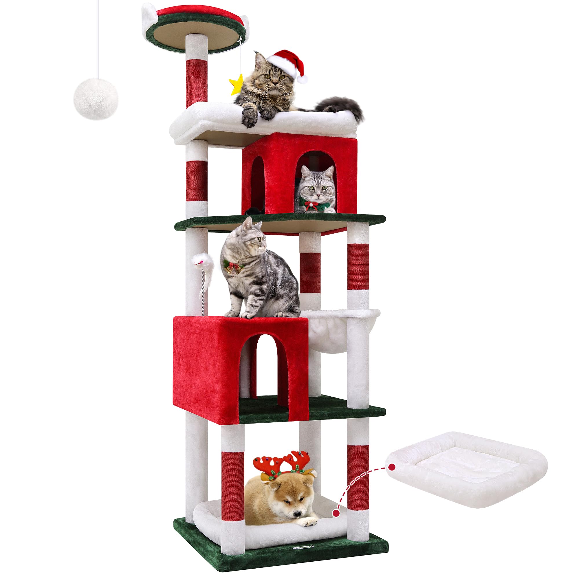 S72 Festive 72" XXL Cat Tree for Large Cats up to 20lbs+, Premium Holiday Cat Tower with 2 Condos & Hammock, Heavy Duty Maine Coon Cat Tree (Red & Green)