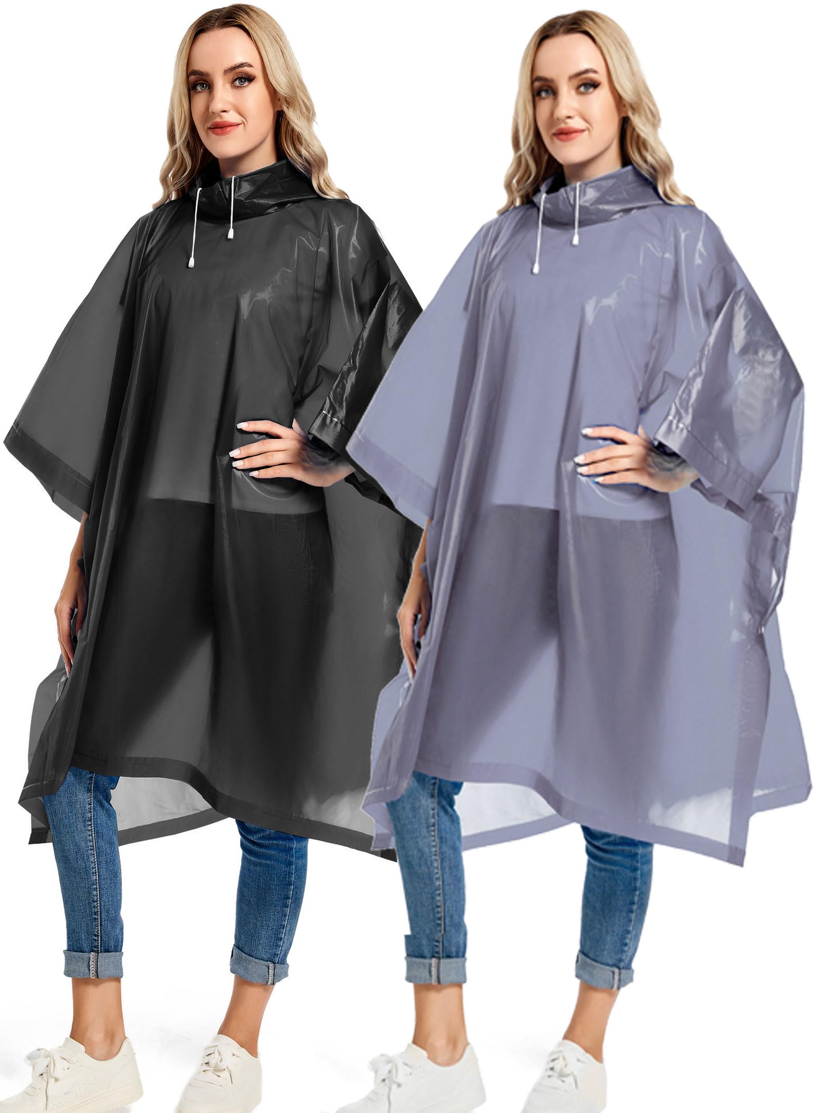 Reusable Rain Ponchos with Drawstring Hood for Adults, Waterproof Thicken Rain Coat, 2 Packs
