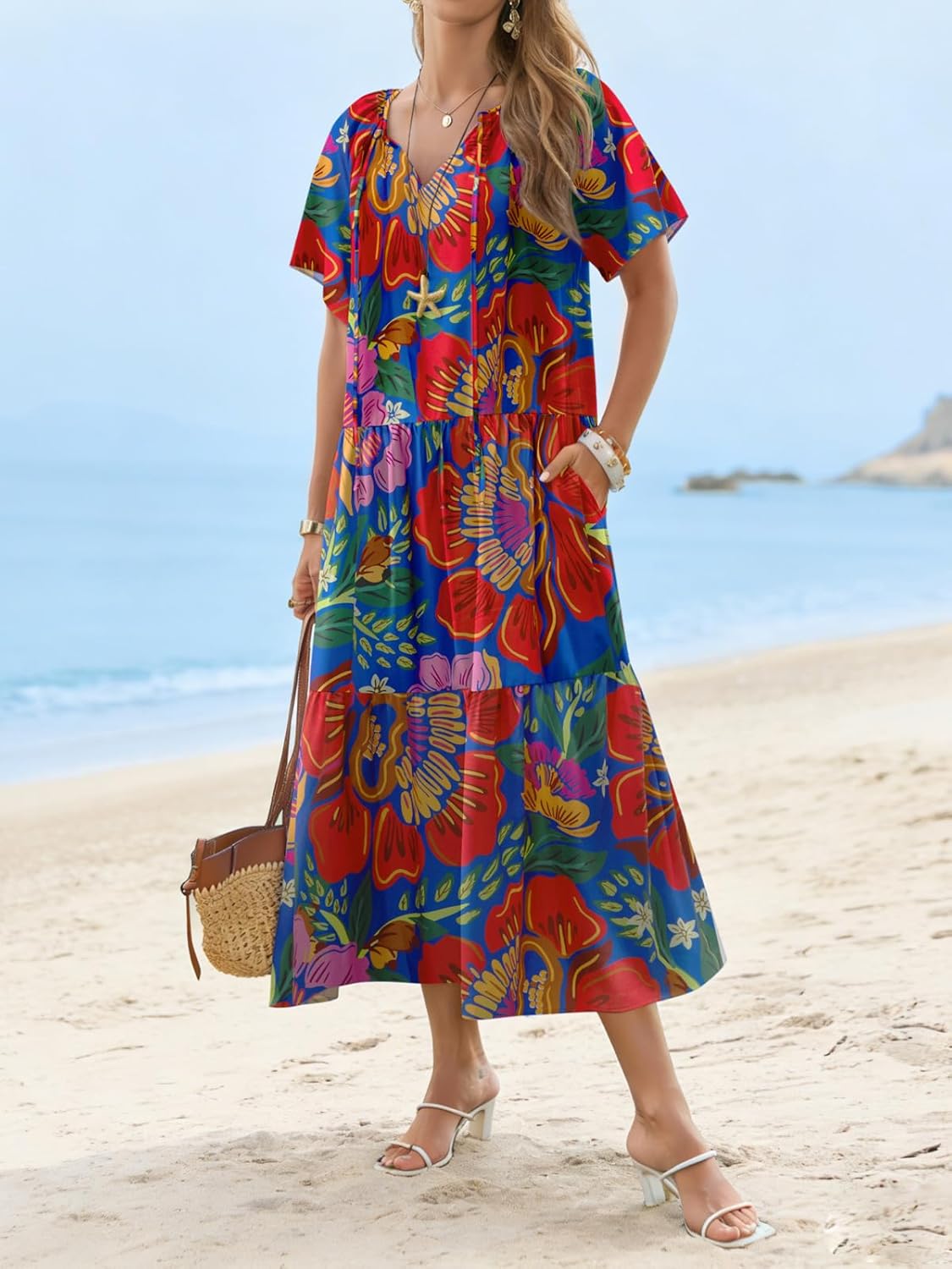 Yousify Womens 2026 Summer Maxi Dresses Short Sleeve Boho Beach Shirt Dresses Loose Vacation Outfits Sundresses - Image 2