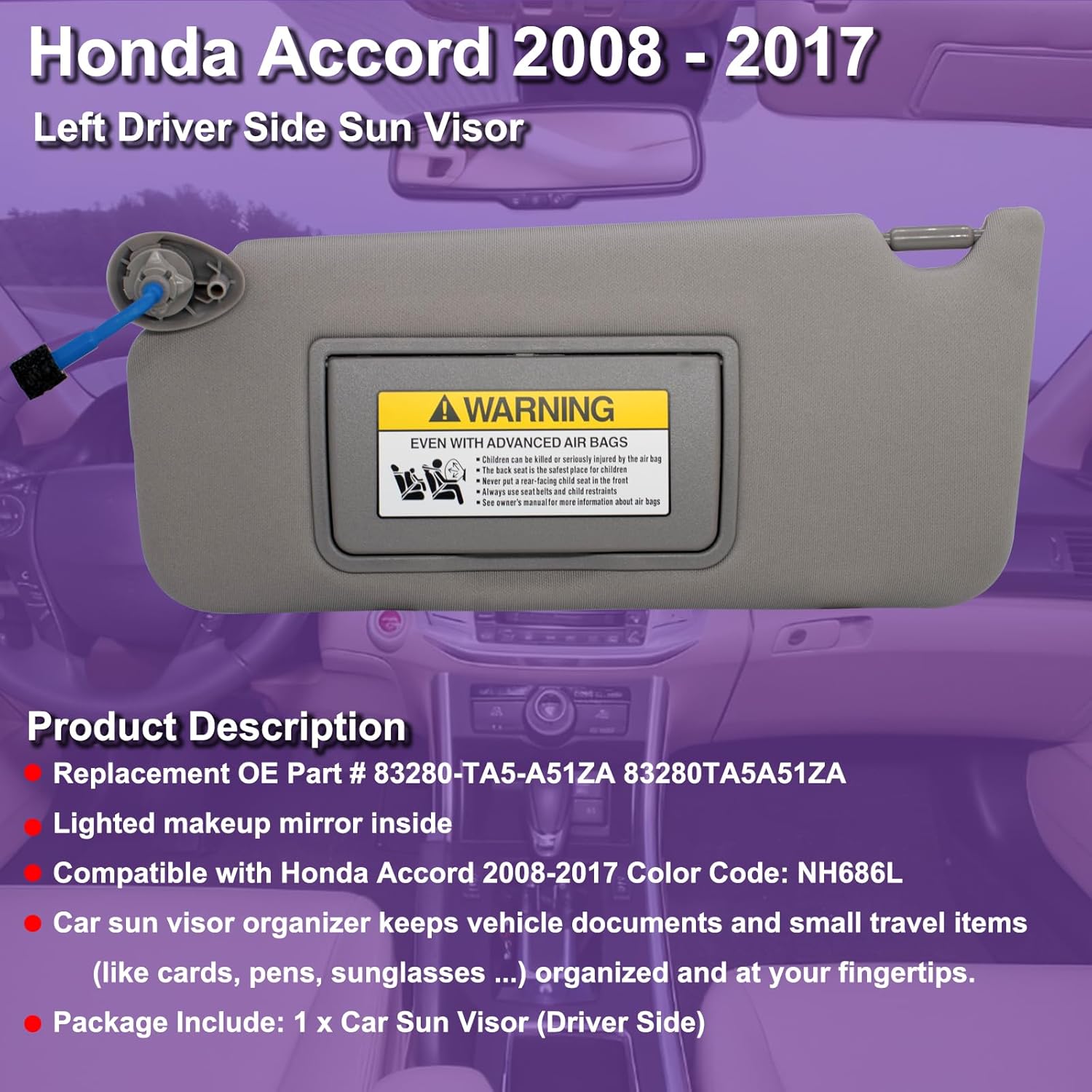 NHILES Left Driver Side Sun Visor Compatible with Honda Accord 2008 2009 2010 2011 2012 2013 2014 2015 2016 2017 with Light Replaces # 83280-TA5-A51ZA (Grey)