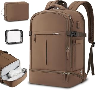 Travel Backpack for Women Men,Carry On Backpack Airline Approved with Shoes Compartment, 15.6 Inch Laptop Backpack with USB Port,Waterproof Hiking Backpack Casual Daypack for College, Khaki