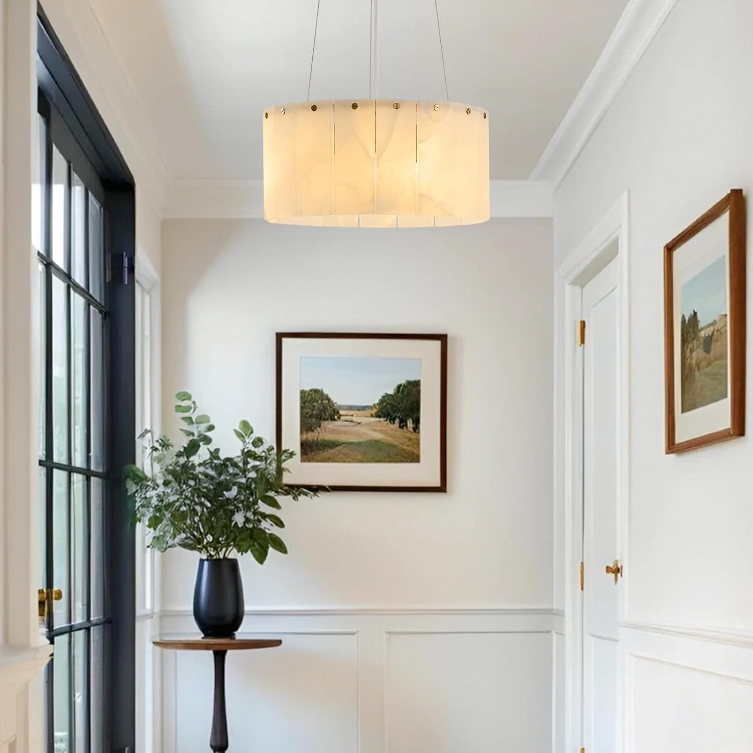 Modern Luxury Round Alabaster Chandelier: 11.8" Contemporary Natural Spanish Marble Stone Gold Chandeliers - White Small Drum Pendant Light for High Ceiling Foyer Entryway Bedroom Dining Room Bathroom