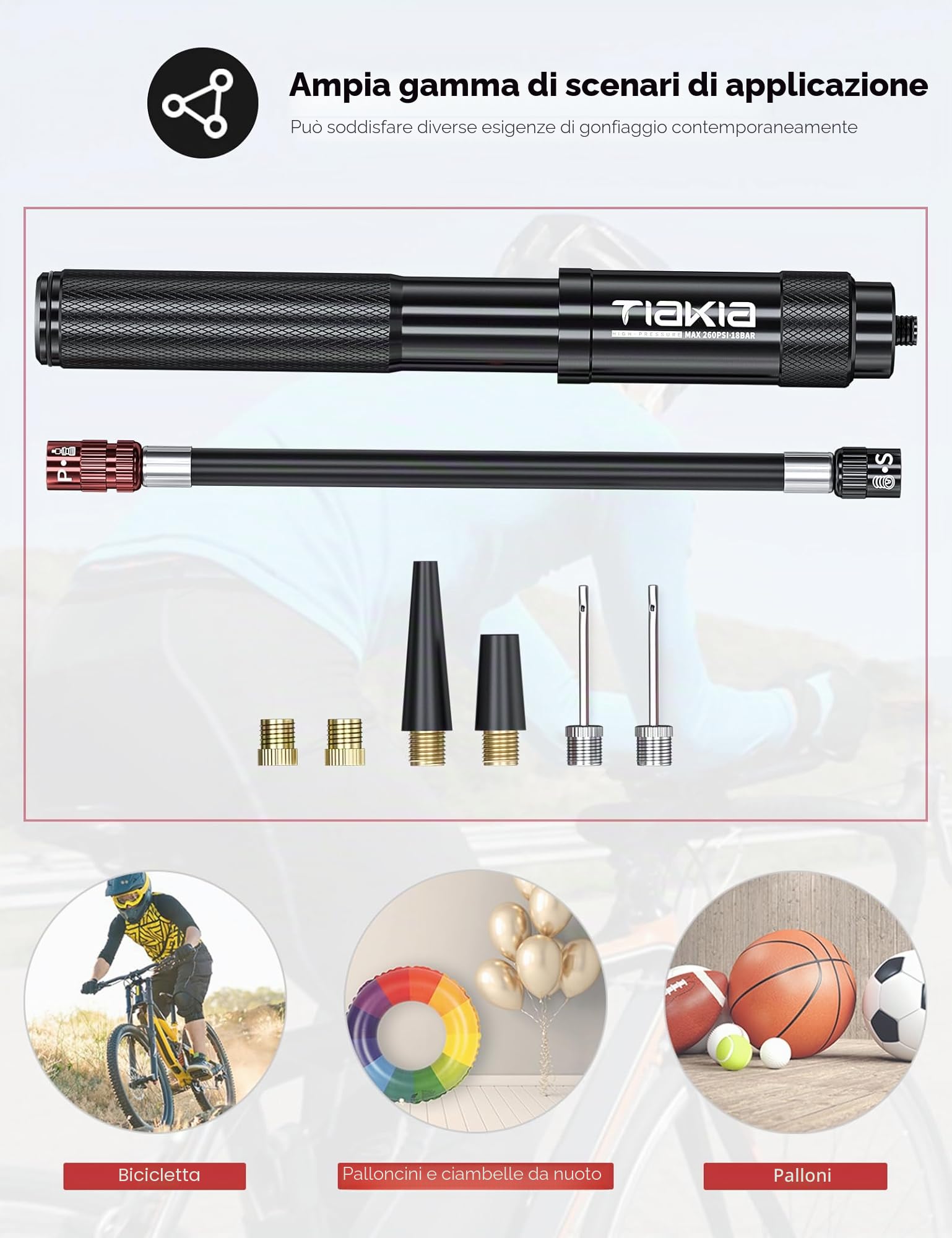 Tiakia Pompa Bicicletta Portatile 260psi, Mini Pompa per Bici Compatta per Valvole Presta Schrader Dunlop, Pompa Bici per Corsa MTB BMX