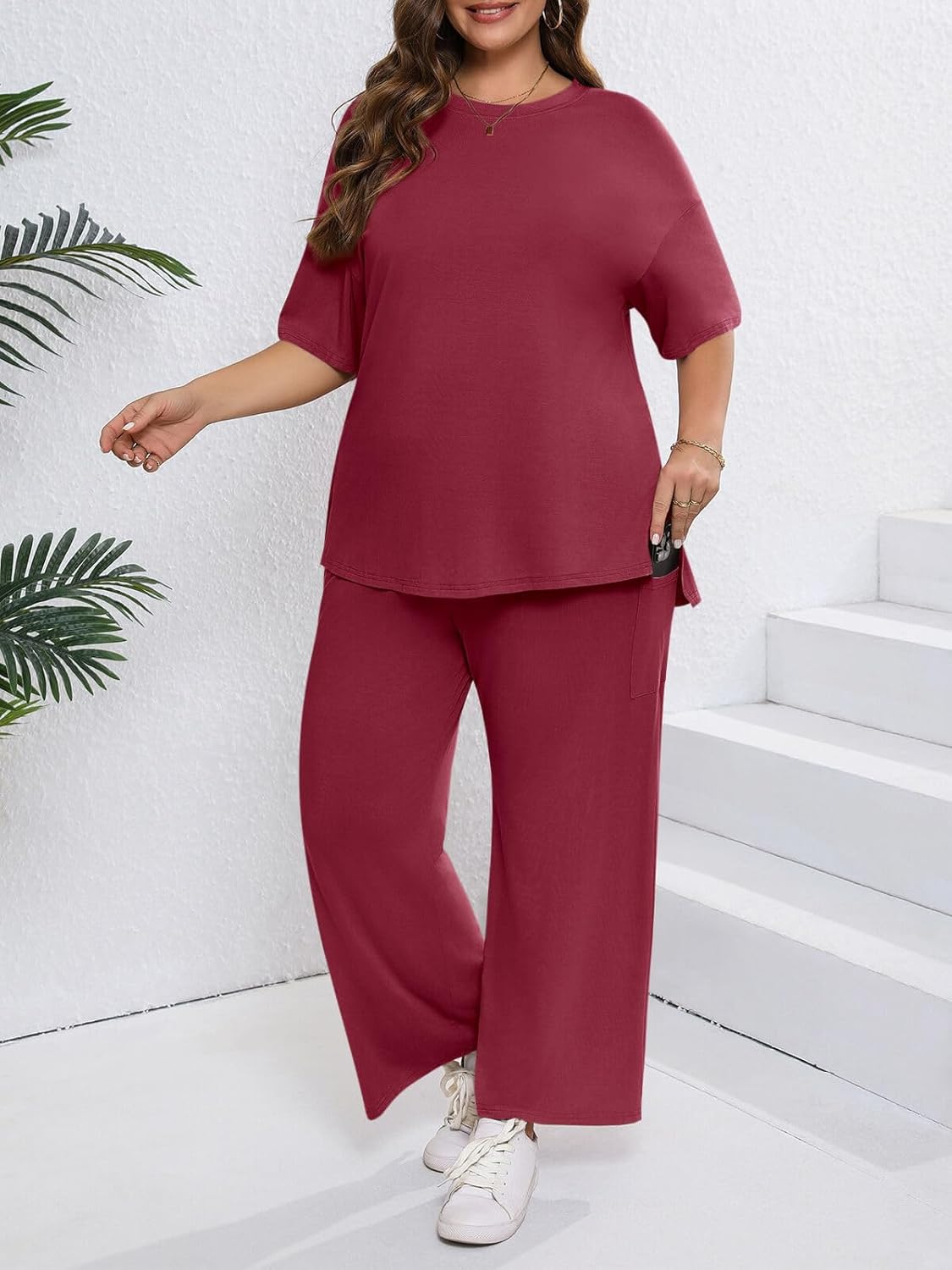 Beautife Womens Plus Size Lounge Sets Short Sleeve Tops Wide Leg Pants 2 Piece Outfits Tracksuit with Pockets - Image 4