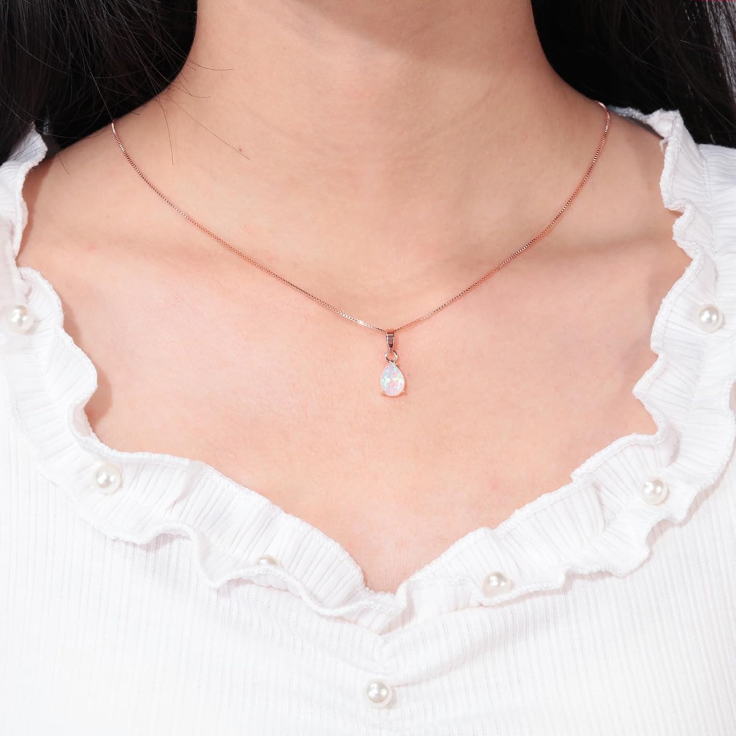 CiNily Opal Pendant Necklace for Women Multi-colored Teardrop Birthstone Necklaces 14K Rose Gold/Gold Plated Dainty Simple Gold Chian Necklace, Birthday Anniversary Wedding Gifts 7x10mm - Image 2