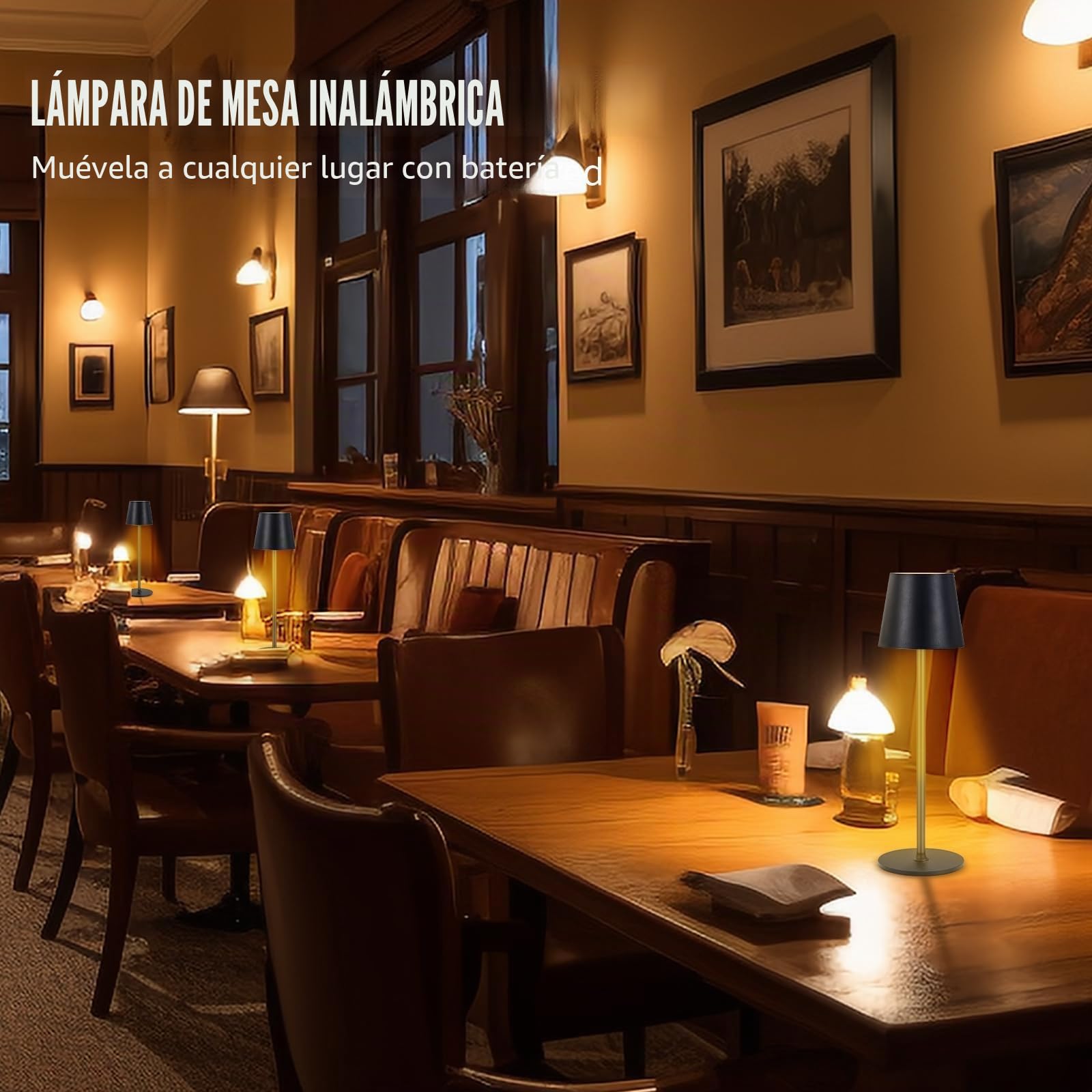 2 lámparas LED de mesa con batería regulable, inalámbrica, recargable, luz cálida, 3000 K, para interior y exterior, con USB-C, aluminio, IP54, resistente al agua, color negro [clase energética A]…