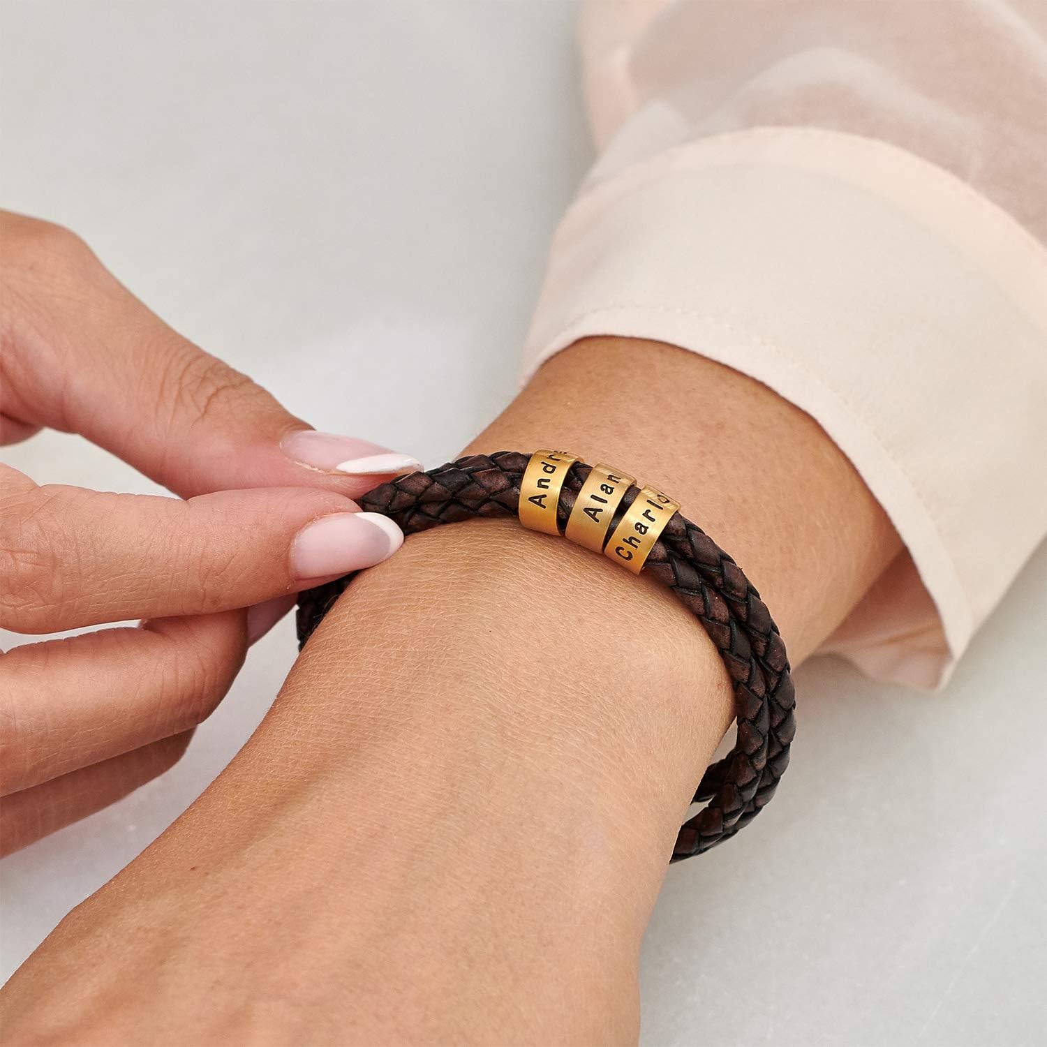 Personalized Braided Black or Brown Leather Adjustable Bracelet with Engraved Beads for Women, Her, Mom, Girlfriend - 925 Sterling Silver, 18K Gold Plating, Vermeil - Dainty Custom Gift For Mother's Day, Christmas, Xmas, Birthday
