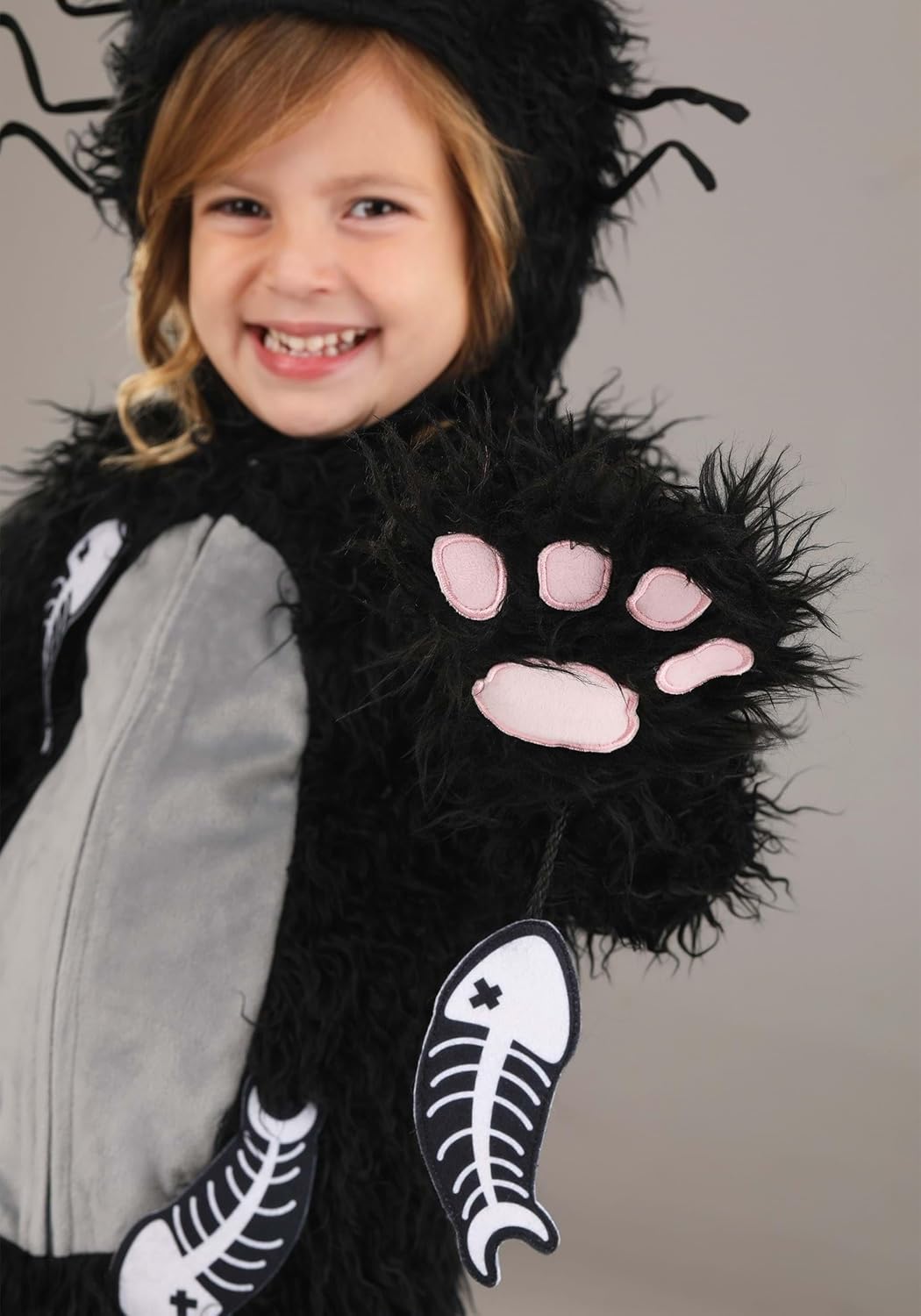 Kids Alley Cat Costume | Black Faux Fur Jumpsuit With Attached Tail, Hood, & Fish Bone Details For Kitty Play - Image 4