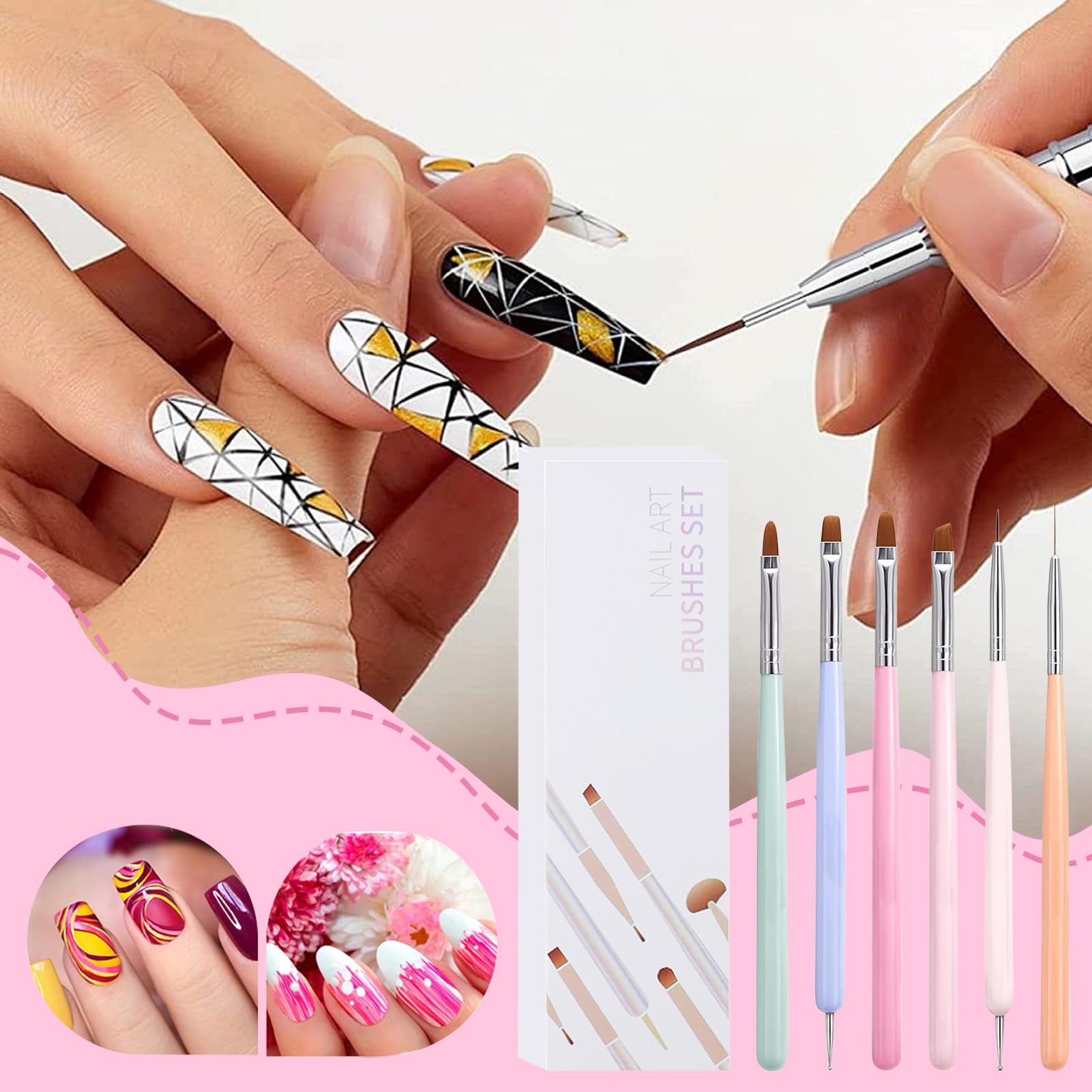 Set Di Pennelli Per Nail Arts, 6 Pezzi Pennelli Unghie Gel Per Design Su Unghie, Strumenti Penne Nail Arts, Set Di Strumenti Manicure A Doppia Testa, Pennellis French Liner Unghies, Per Disegno
