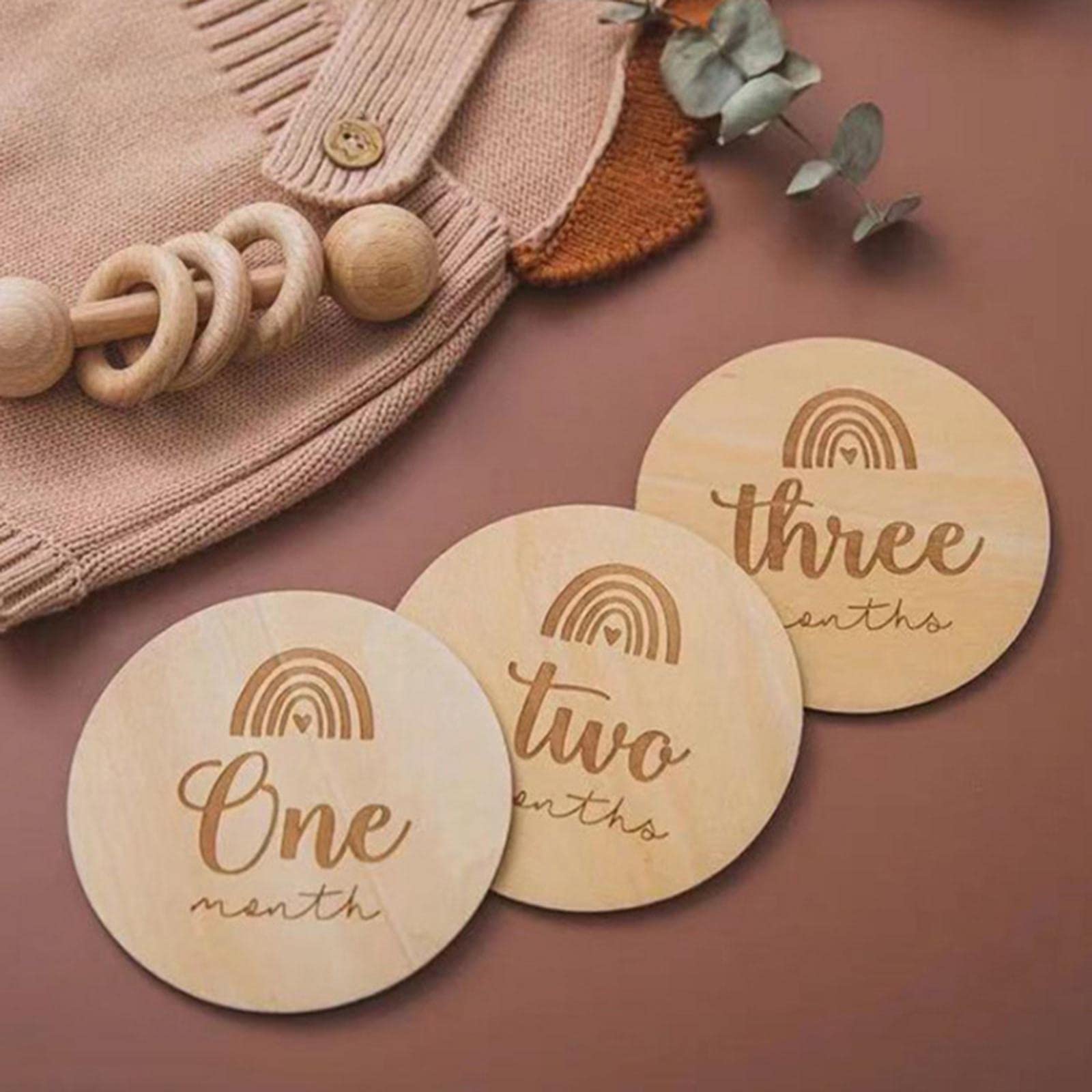 5 Set 14 Stück Meilensteinkarten rund Holz für monatliche Aufnahme Disc Türhänger